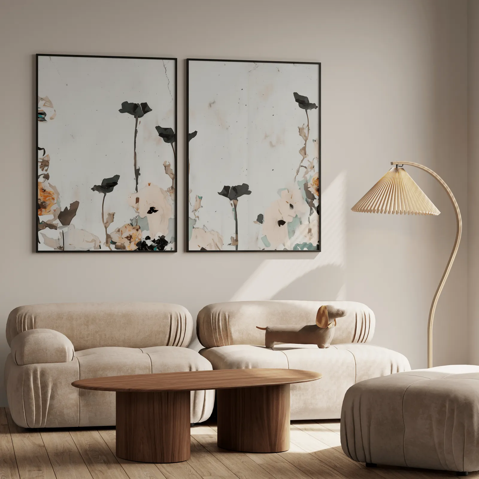 neutral floral wall art set with blush and sage flowers, above a plush beige sofa with a pleated lamp nearby