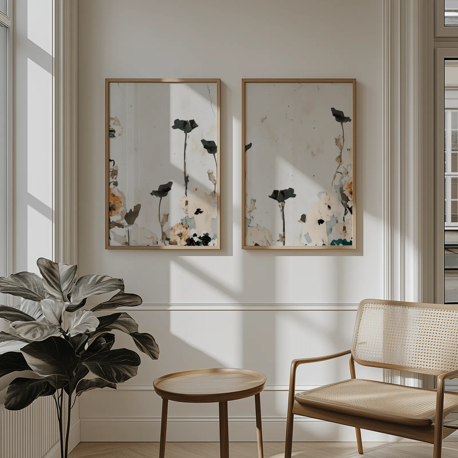neutral floral wall art set with blush and sage flowers, above wainscoting beside a cane armchair and fiddle-leaf fig