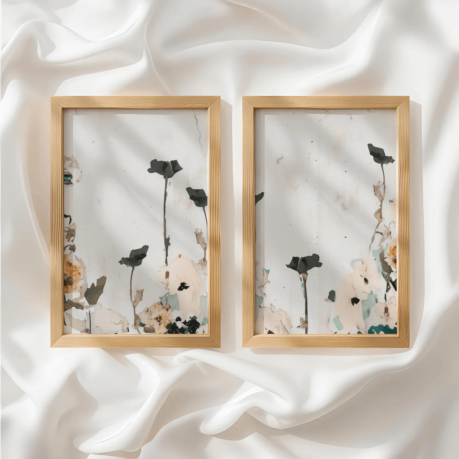 neutral floral wall art set with blush and sage flowers, side by side atop rumpled white silky fabric