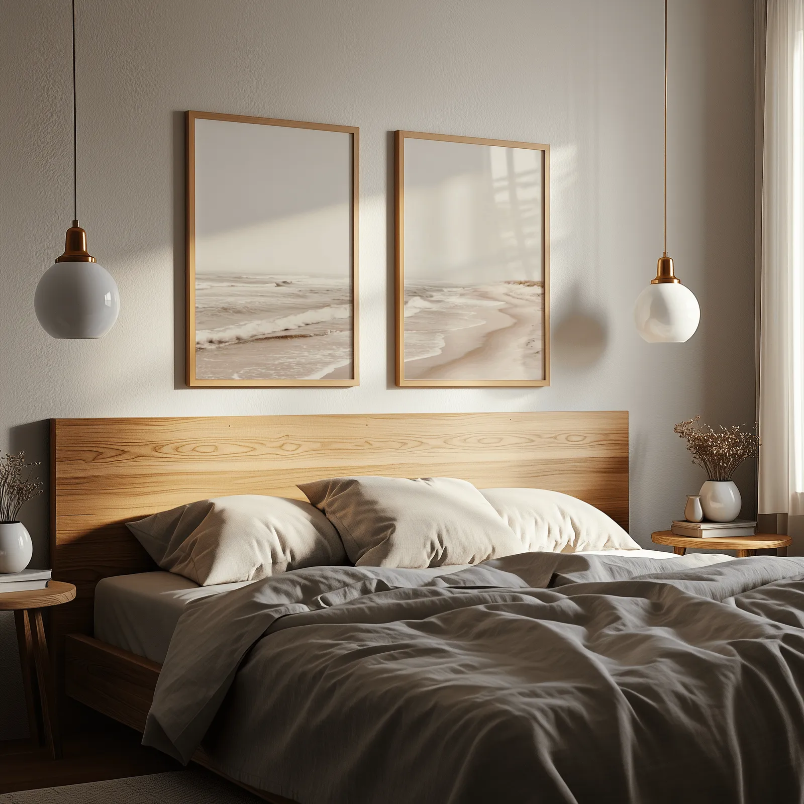 neutral beach wall art set of two coastal prints, above a wooden headboard flanked by globe pendant lights