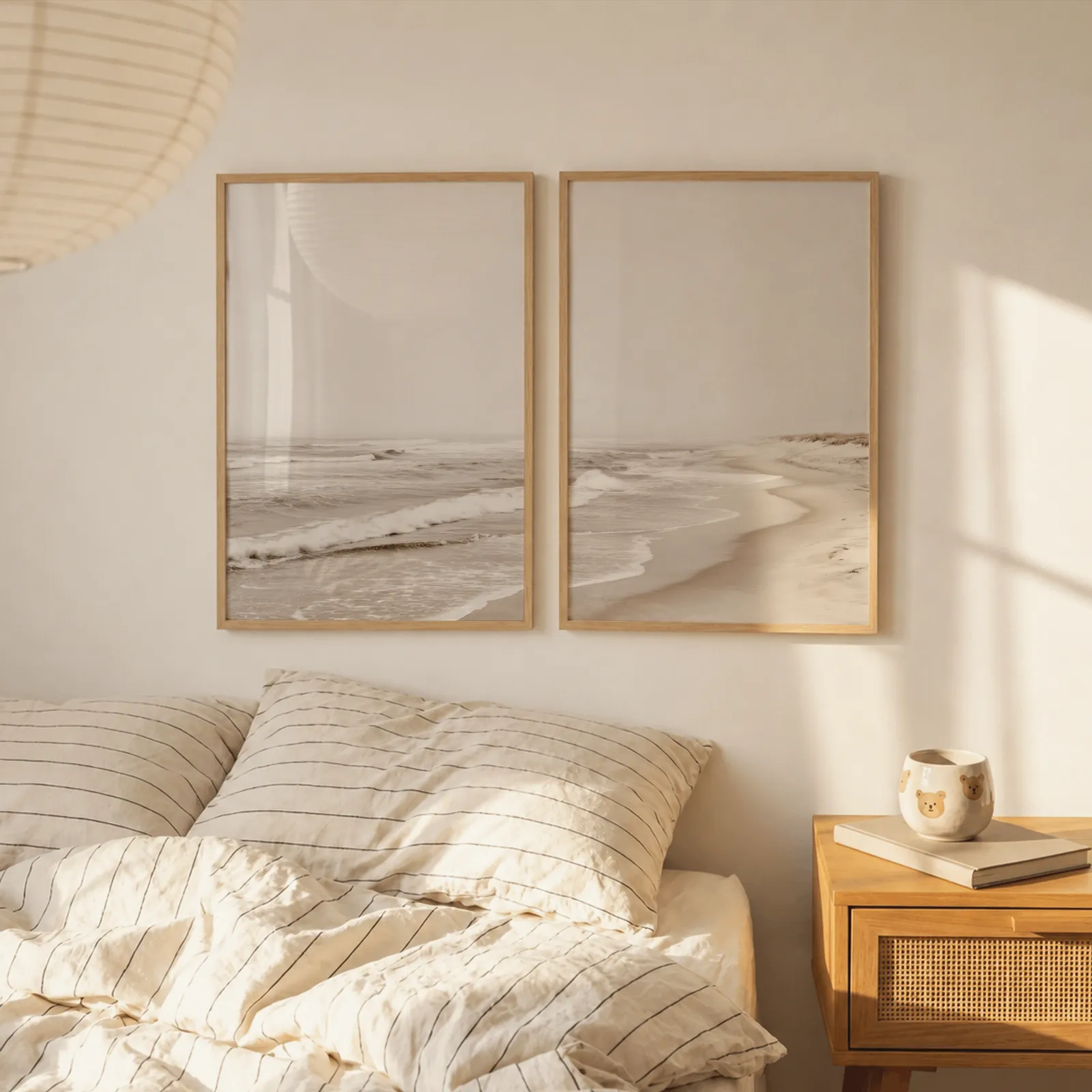 neutral beach wall art set of two coastal prints, above a striped linen bed beside a paper lantern shade