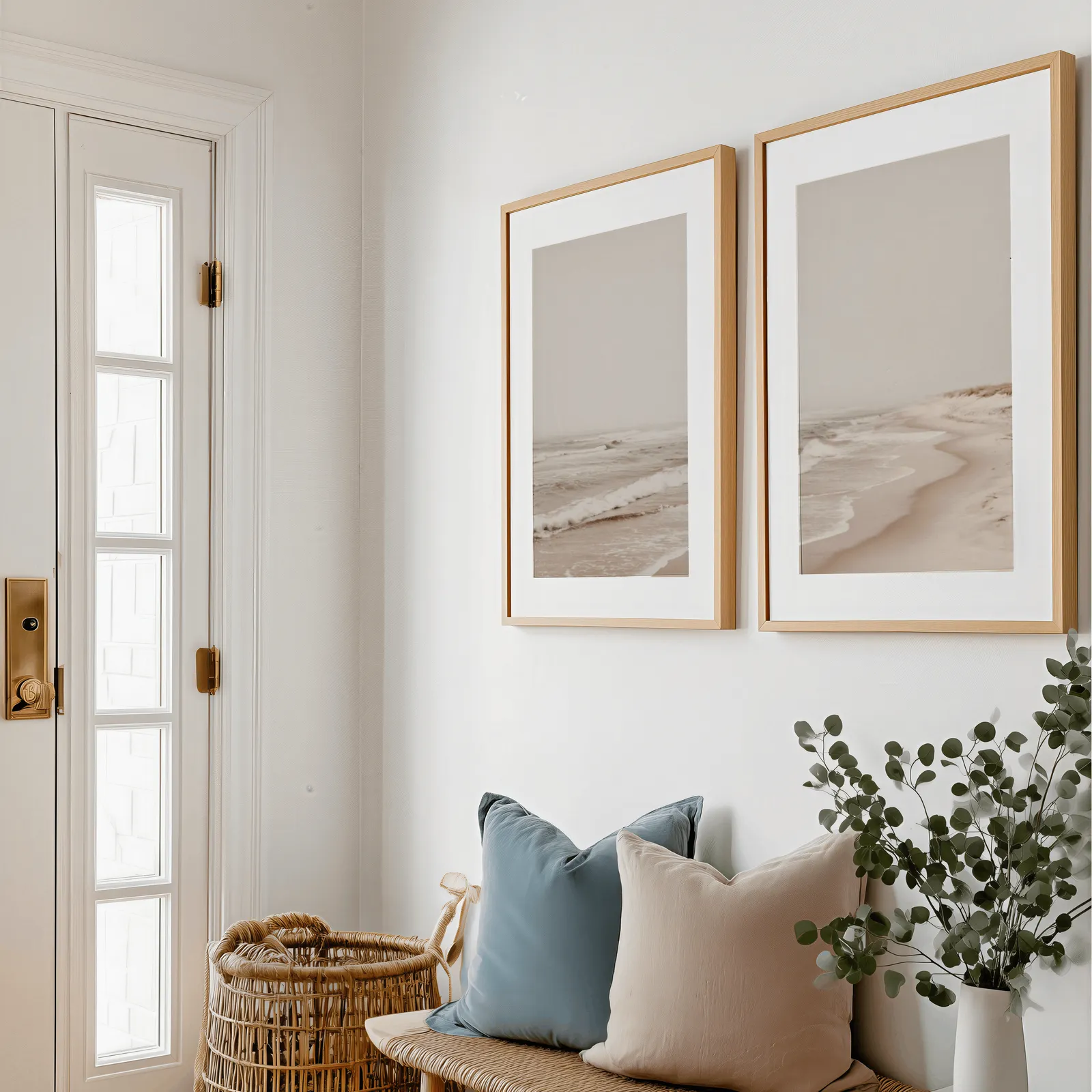 neutral beach wall art set of two coastal prints, above a bench with blue and blush pillows near the entry door