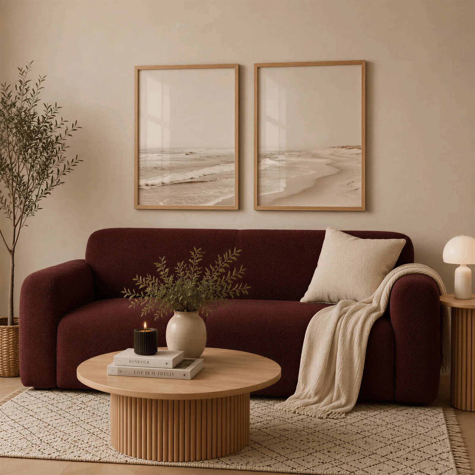 neutral beach wall art set of two coastal prints, above a deep burgundy boucle sofa with cream throw