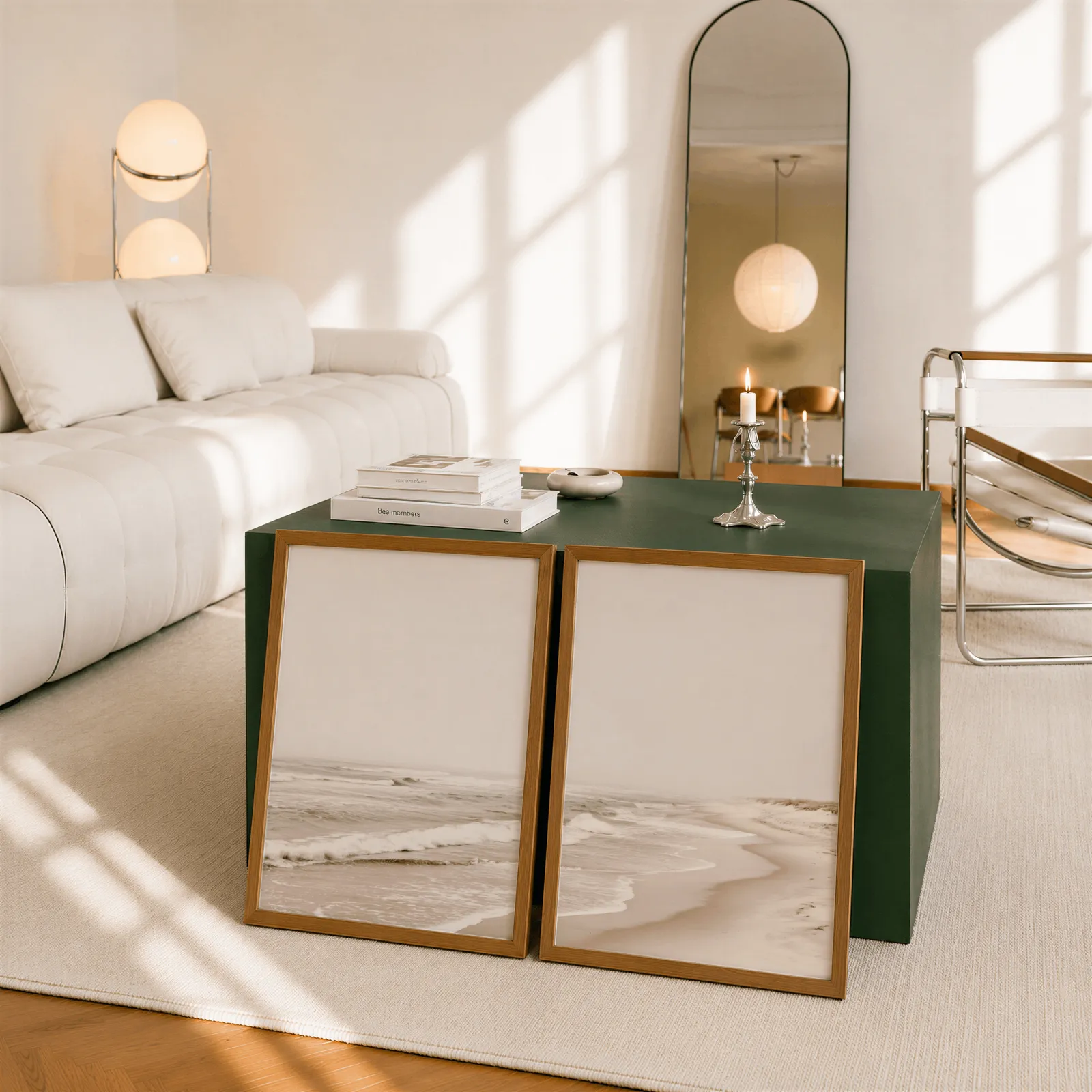 neutral beach wall art set of two coastal prints, leaning against a dark green cube table beside an arched mirror