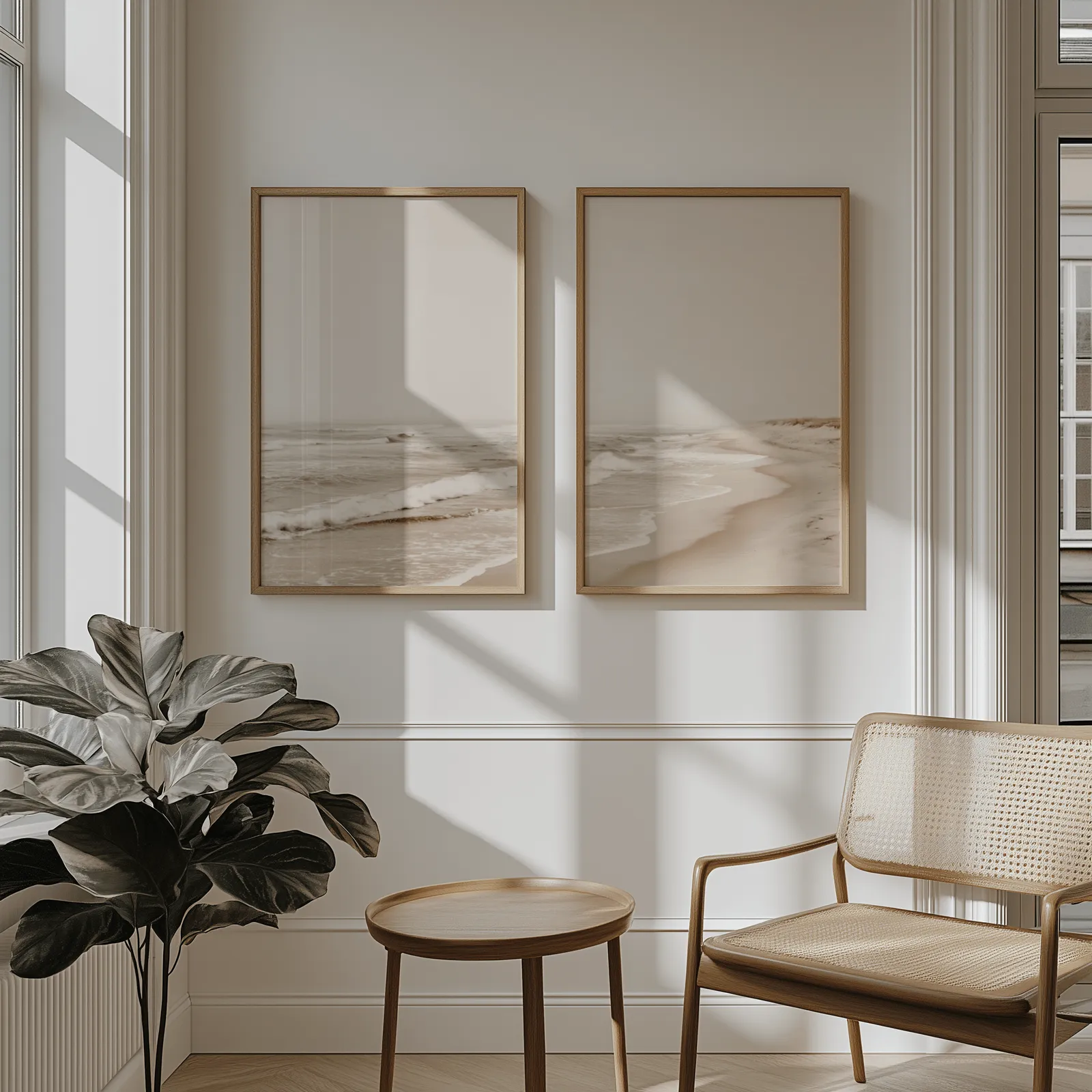 neutral beach wall art set of two coastal prints, above wainscoting beside a cane armchair and fiddle-leaf fig
