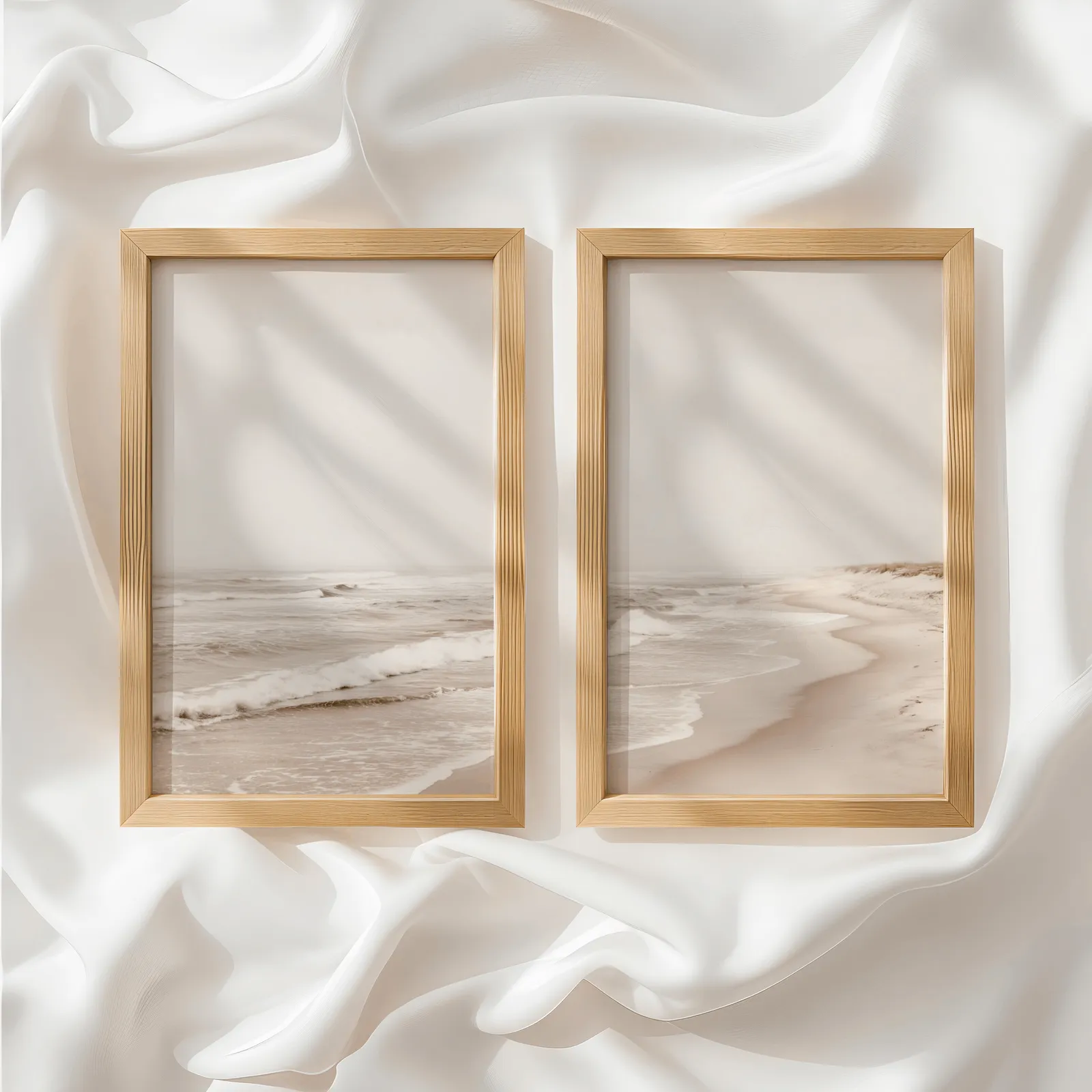 neutral beach wall art set of two coastal prints, side by side atop rumpled white silky fabric