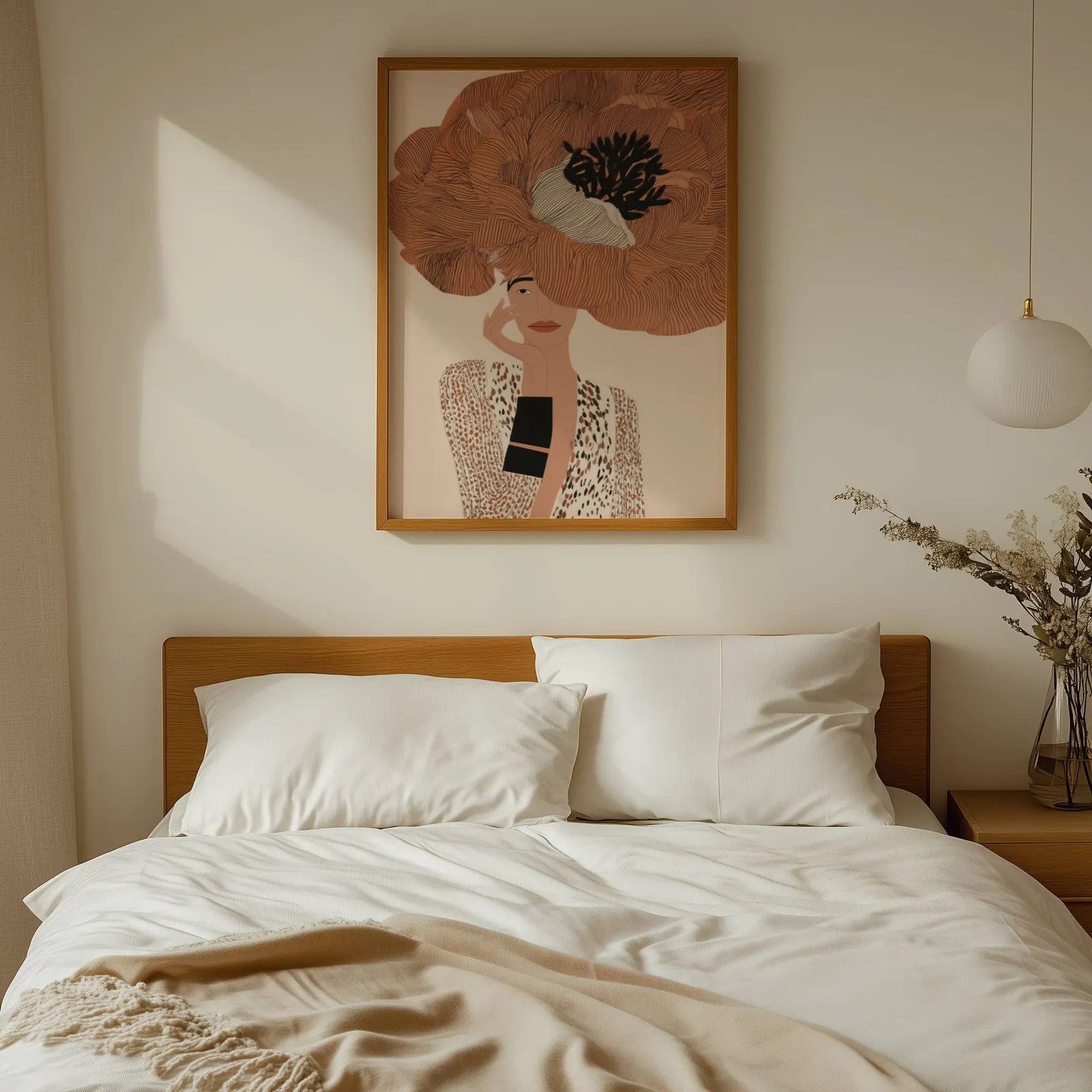 terracotta floral woman portrait wall art, above a wooden headboard with white linen pillows