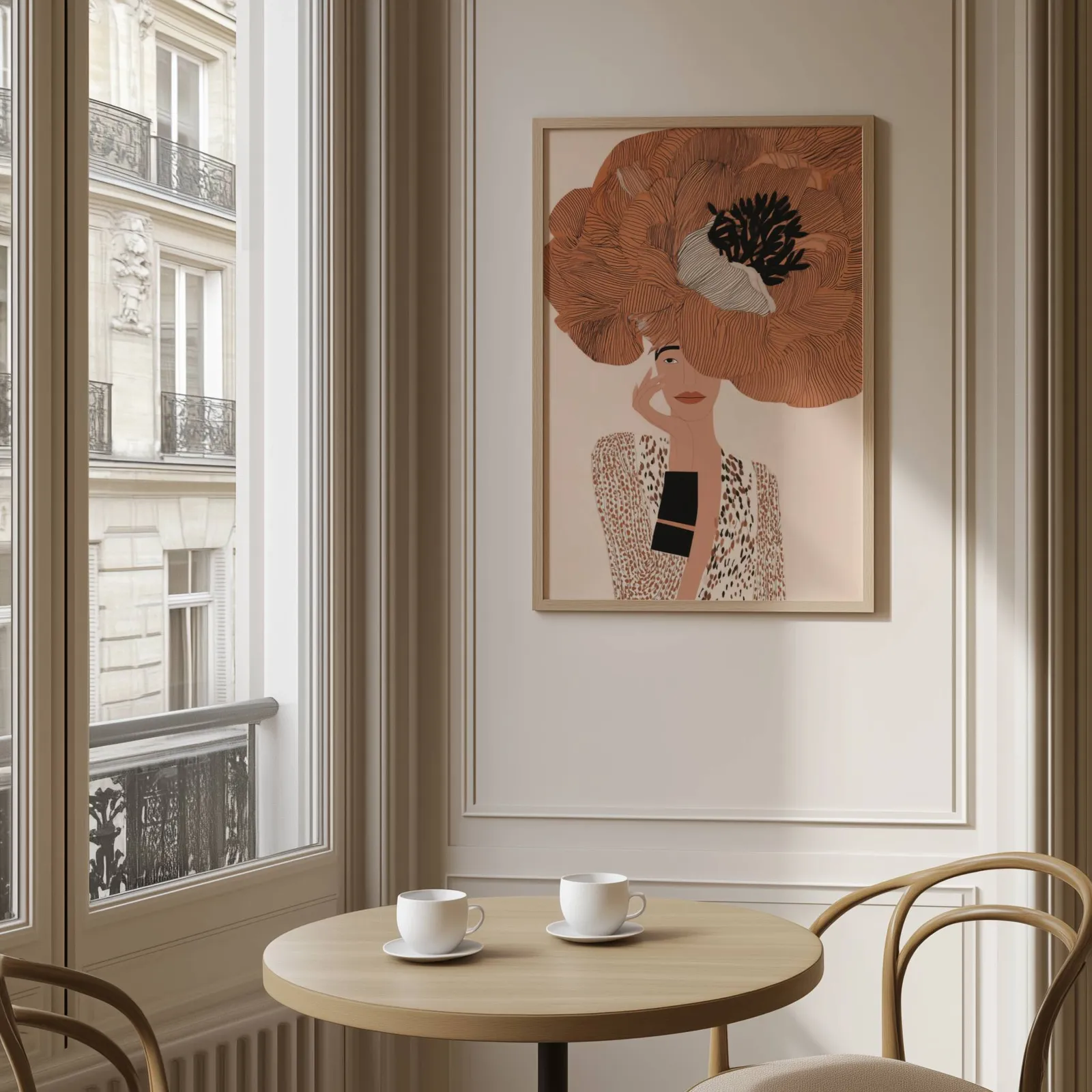terracotta floral woman portrait wall art, above a round café table set with two coffee cups