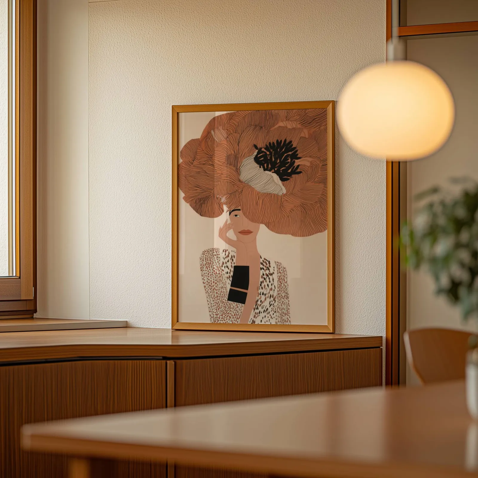 terracotta floral woman portrait wall art, leaning on a wooden sideboard beside a glowing globe pendant
