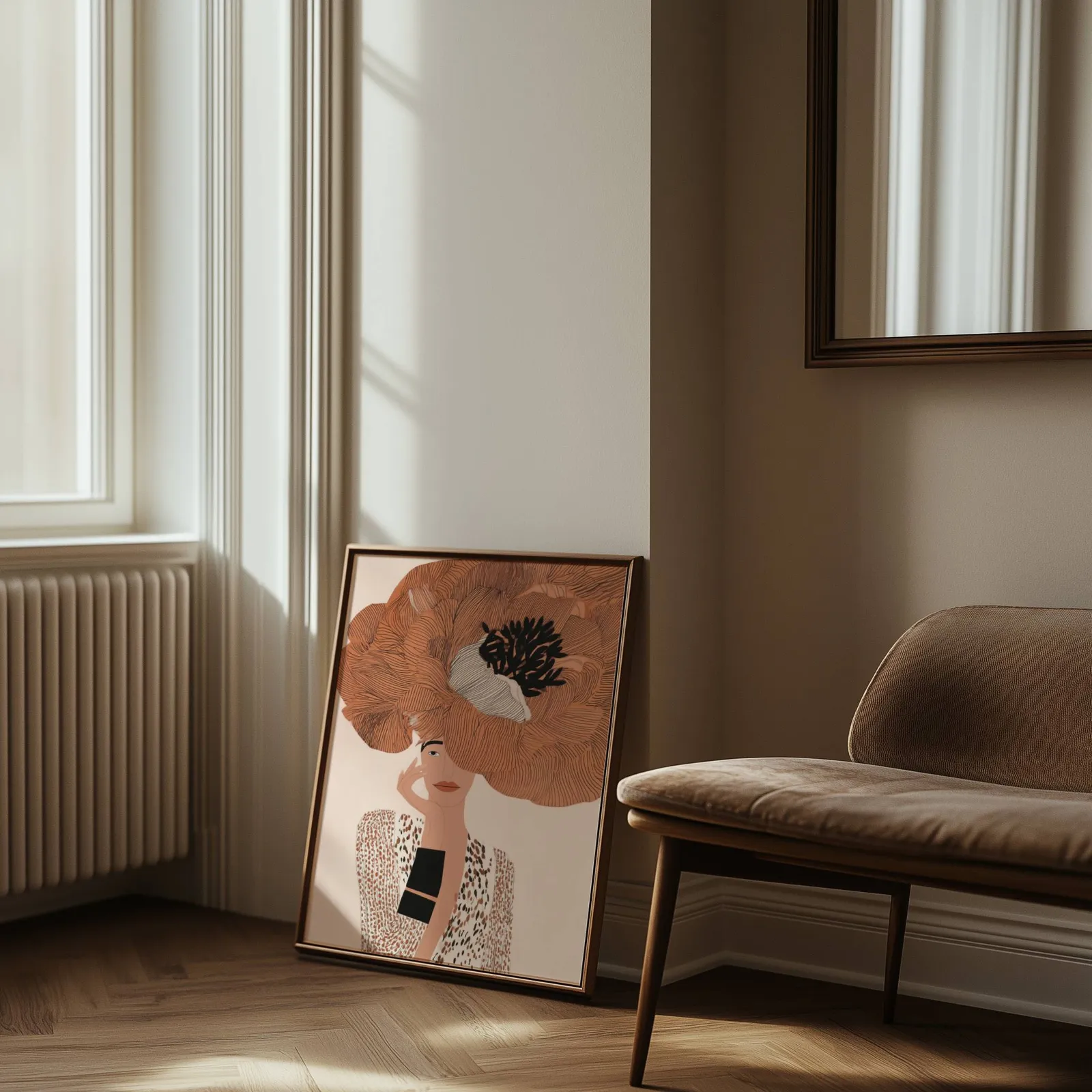 terracotta floral woman portrait wall art, leaning against the wall beside a sunlit radiator and herringbone floor