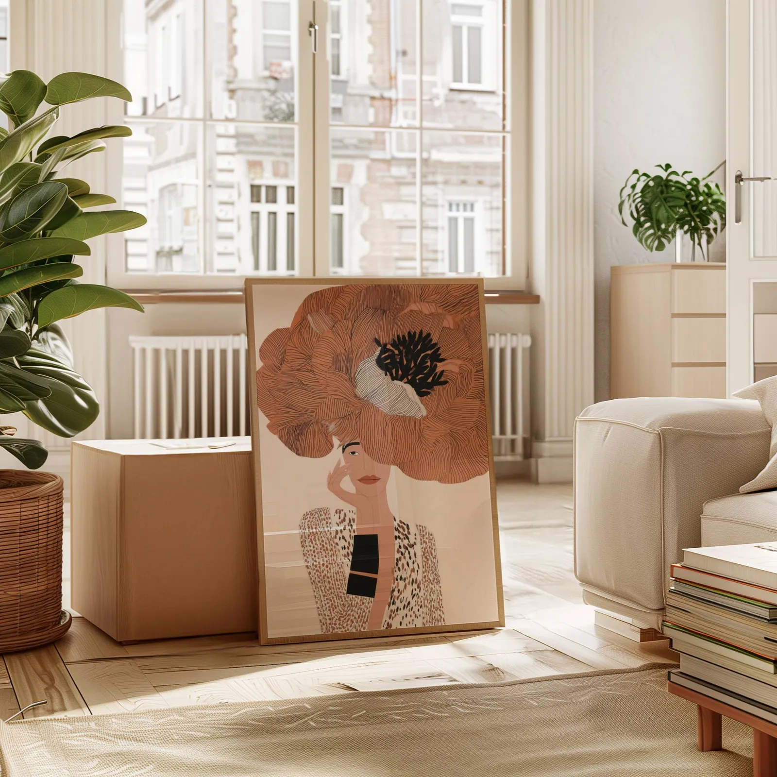 terracotta floral woman portrait wall art, leaning against a cardboard box near a tall window radiator