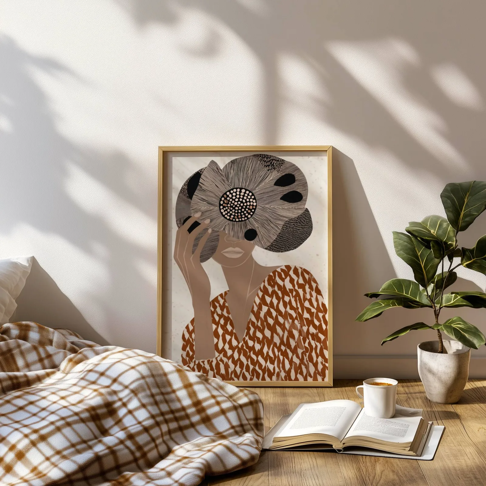 terracotta abstract woman wall art with floral veil, leaning on a sunlit floor beside a plaid blanket and open book