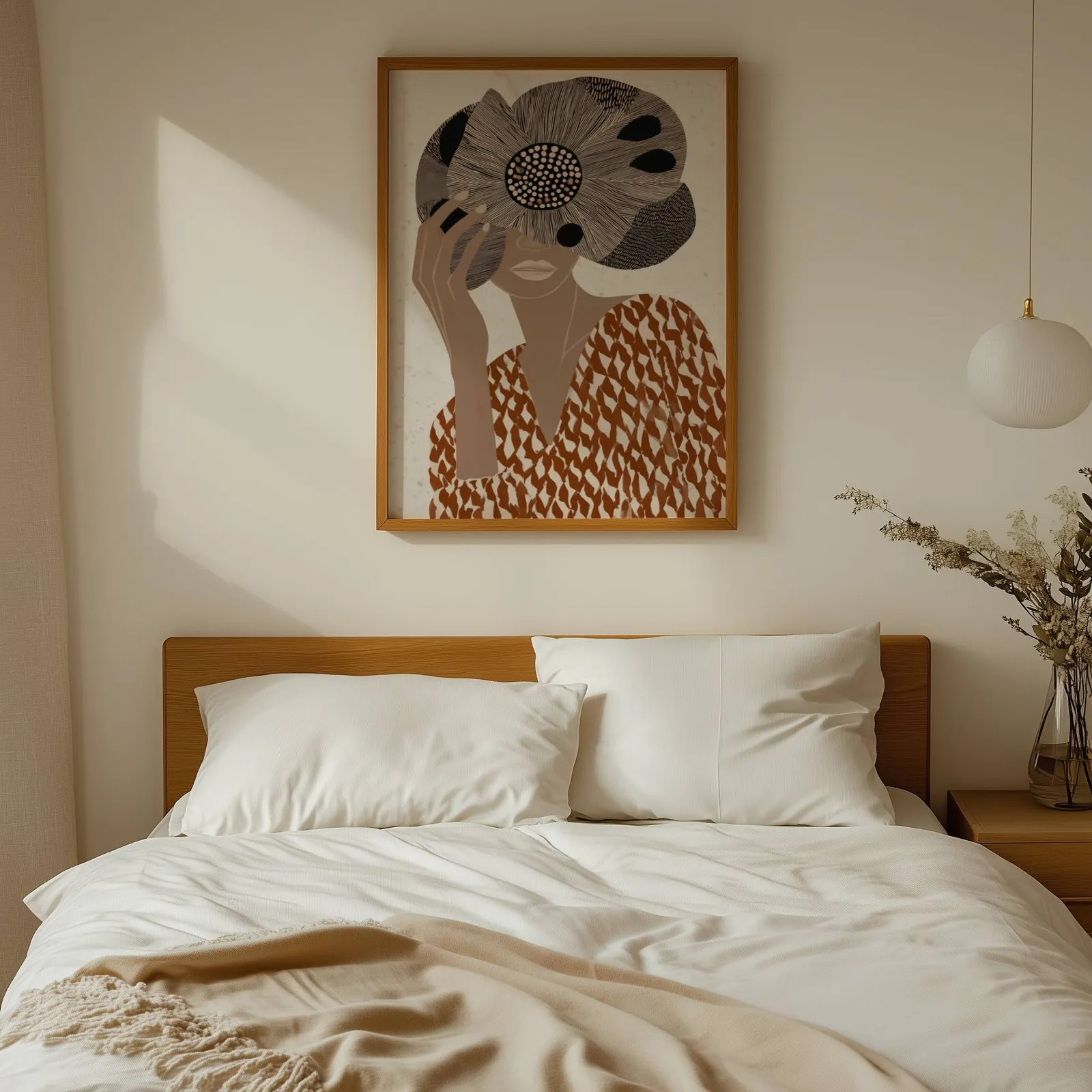 terracotta abstract woman wall art with floral veil, above a wooden headboard with white linen pillows