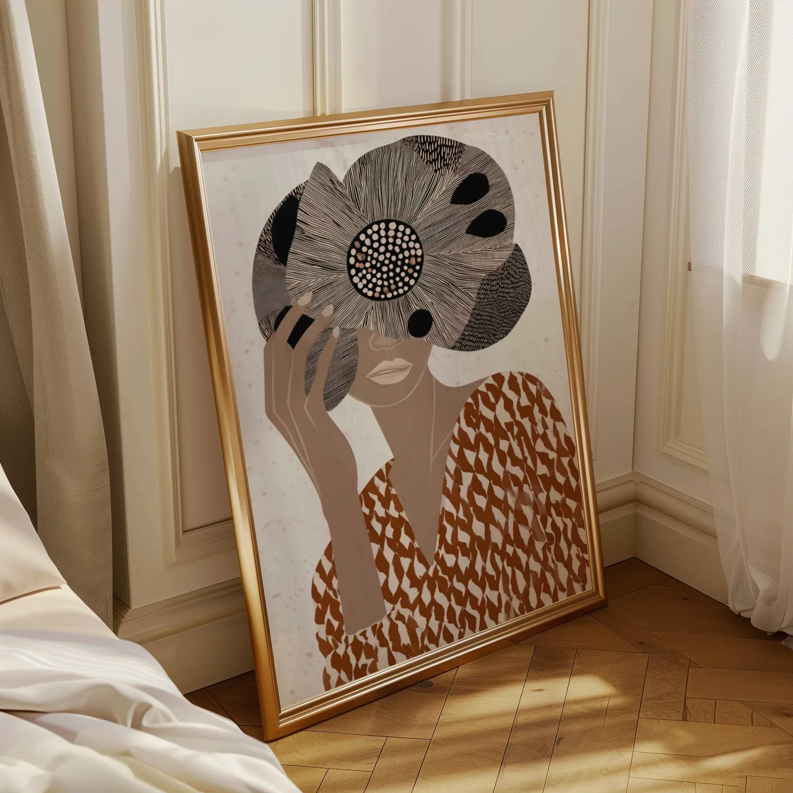 terracotta abstract woman wall art with floral veil, leaning in a sunlit corner beside sheer curtains and herringbone floor