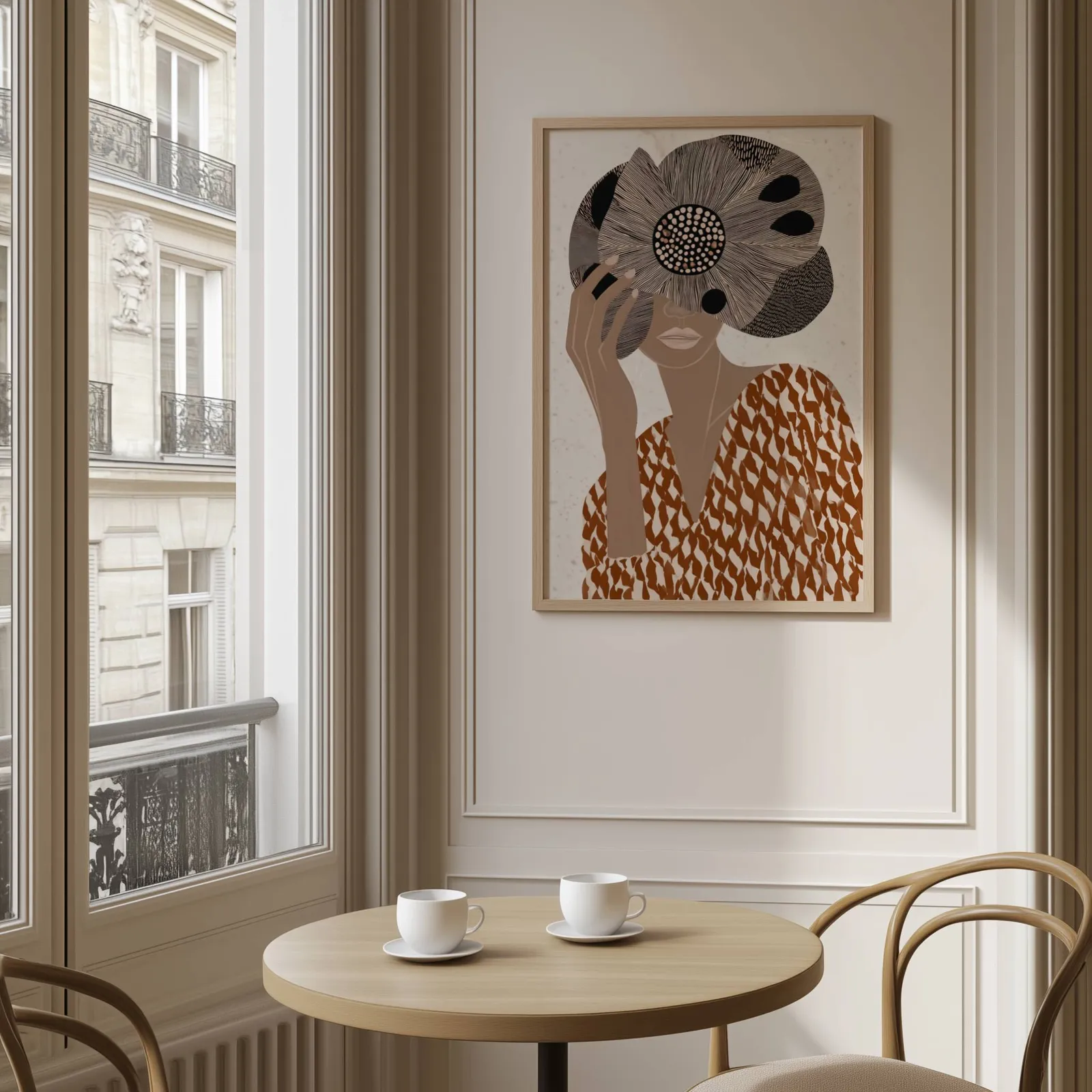 terracotta abstract woman wall art with floral veil, above a round café table set with two coffee cups