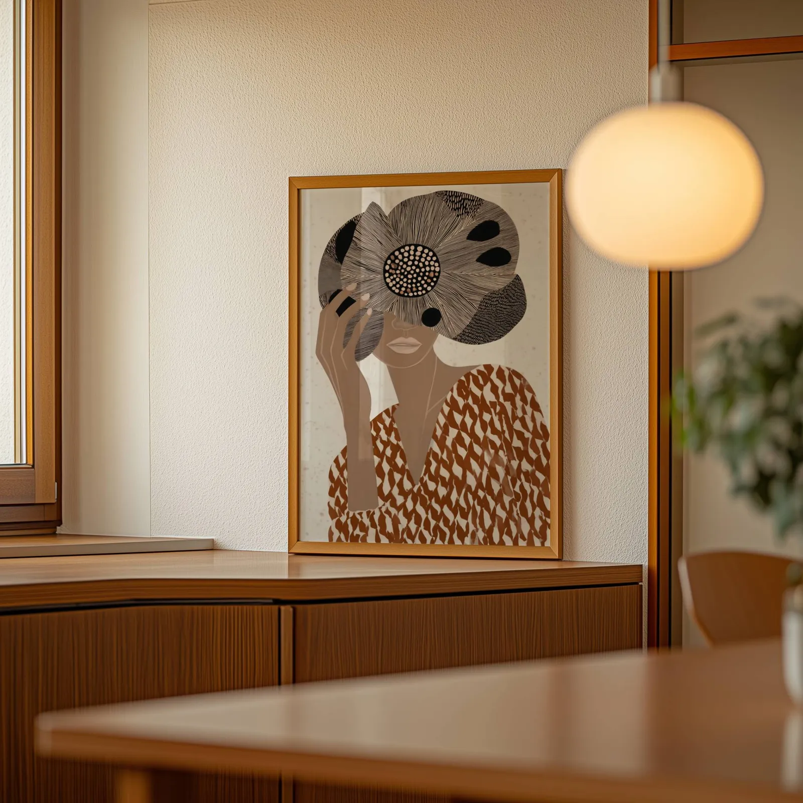 terracotta abstract woman wall art with floral veil, leaning on a wooden sideboard beside a glowing globe pendant