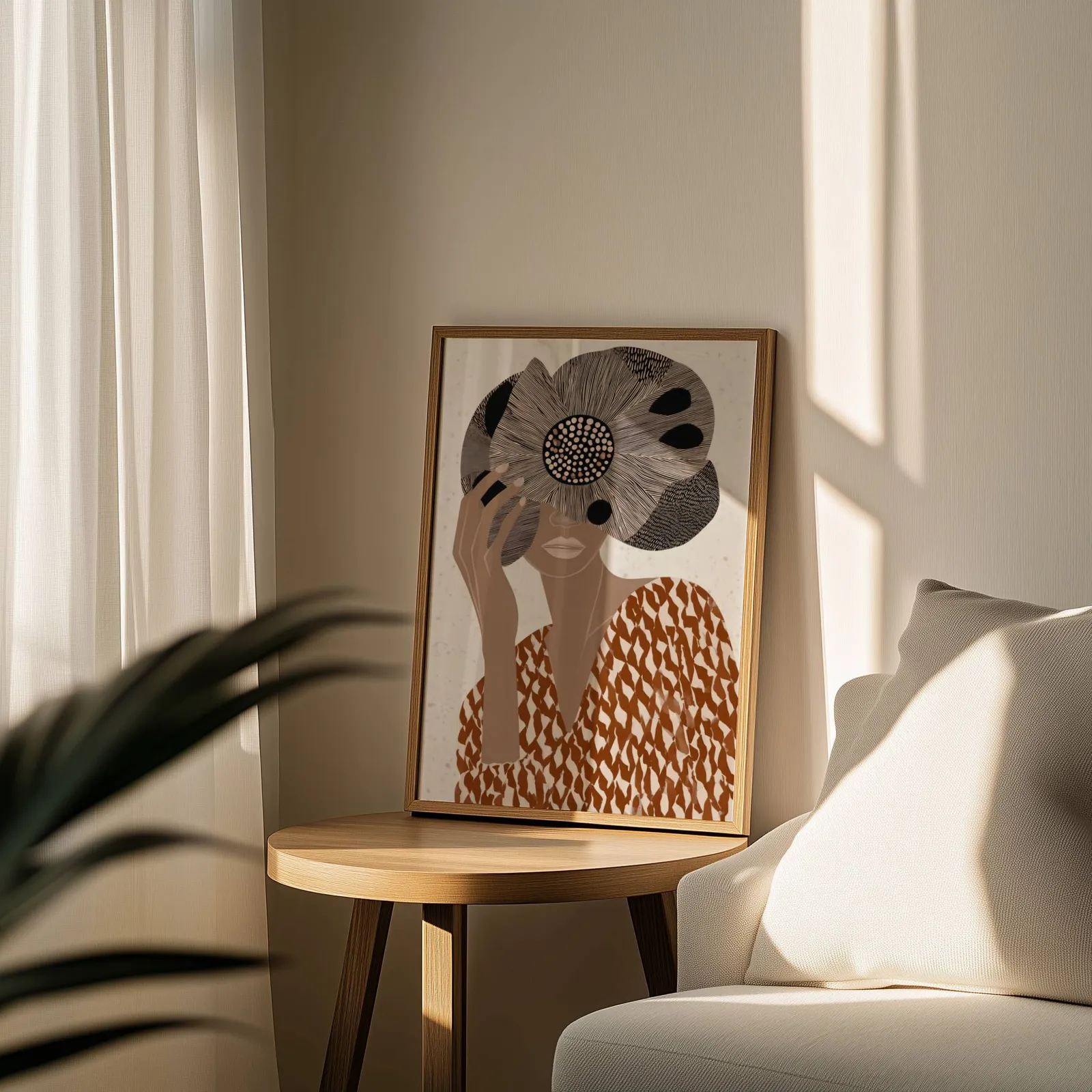 terracotta abstract woman wall art with floral veil, leaning on a round wooden side table by a sheer curtain