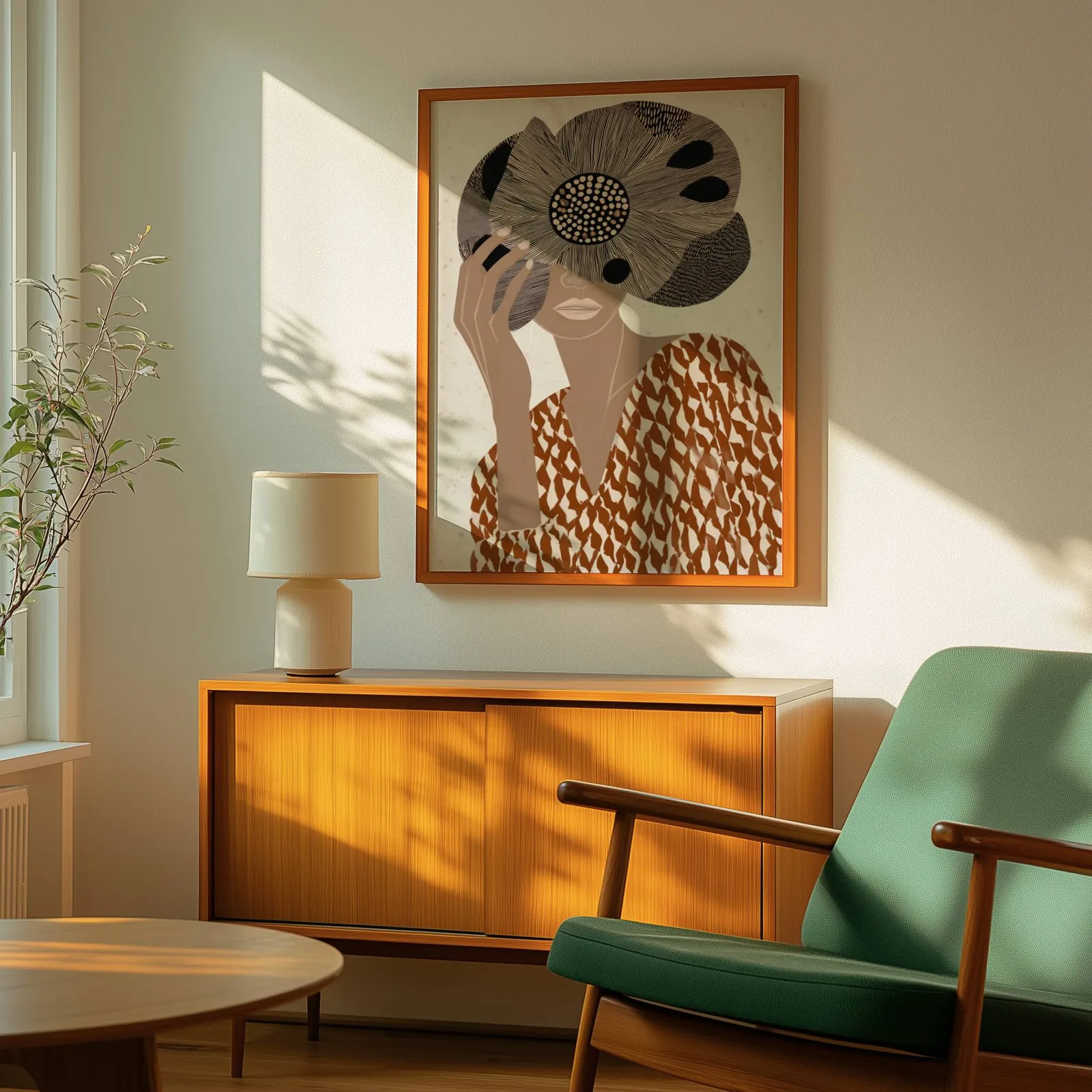 terracotta abstract woman wall art with floral veil, above a wooden sideboard with a ceramic lamp and dappled sunlight