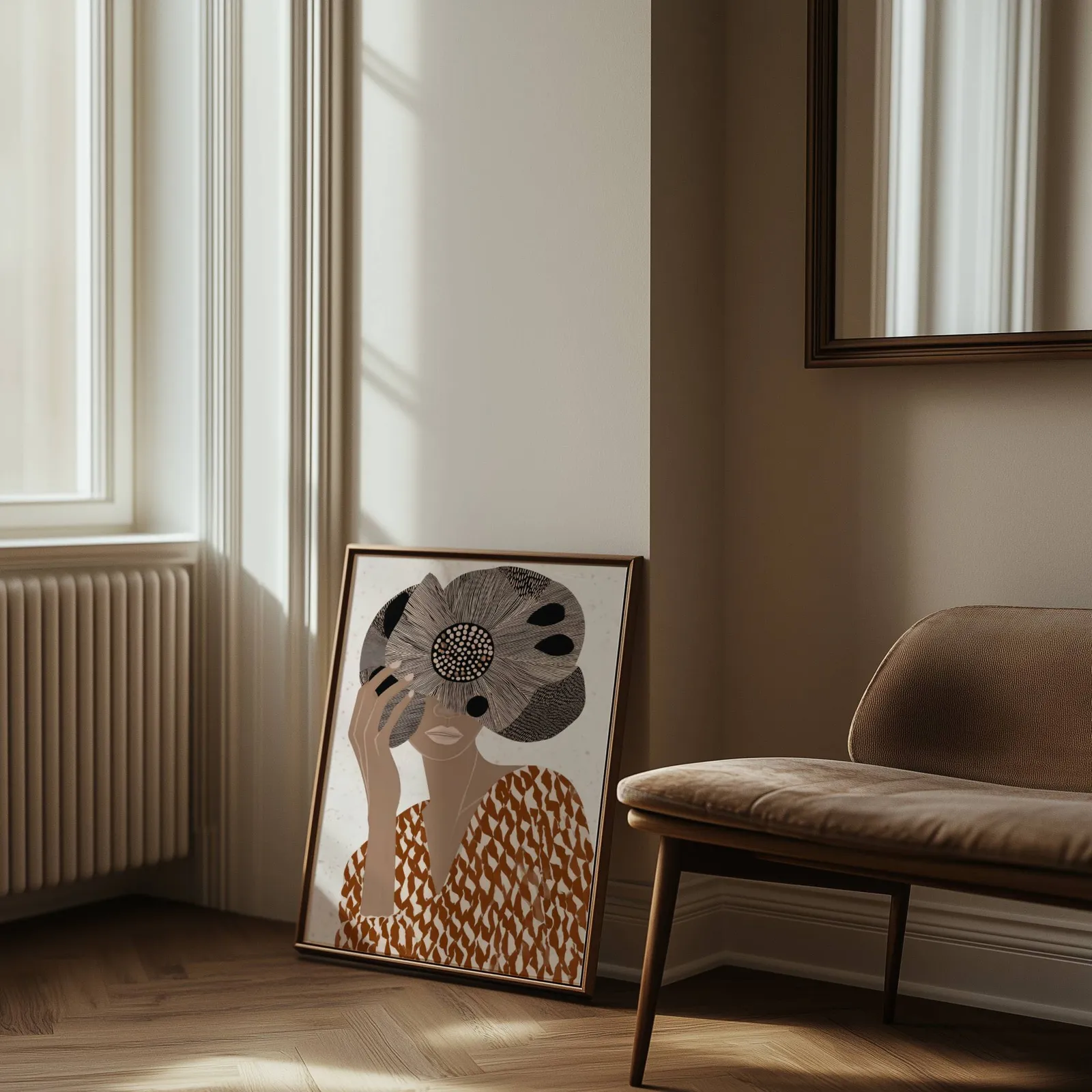 terracotta abstract woman wall art with floral veil, leaning against the wall beside a sunlit radiator and herringbone floor