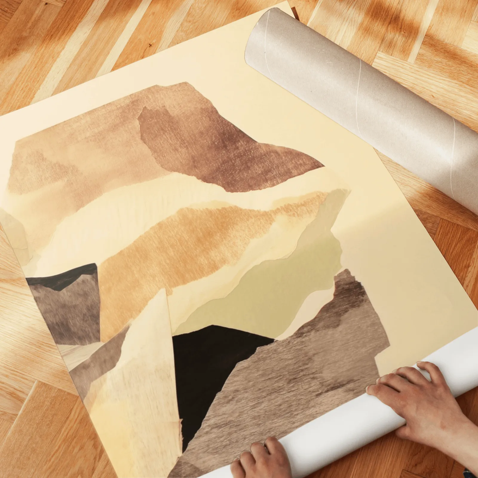 beige abstract wall art set of two, unrolled across a herringbone parquet floor by hand