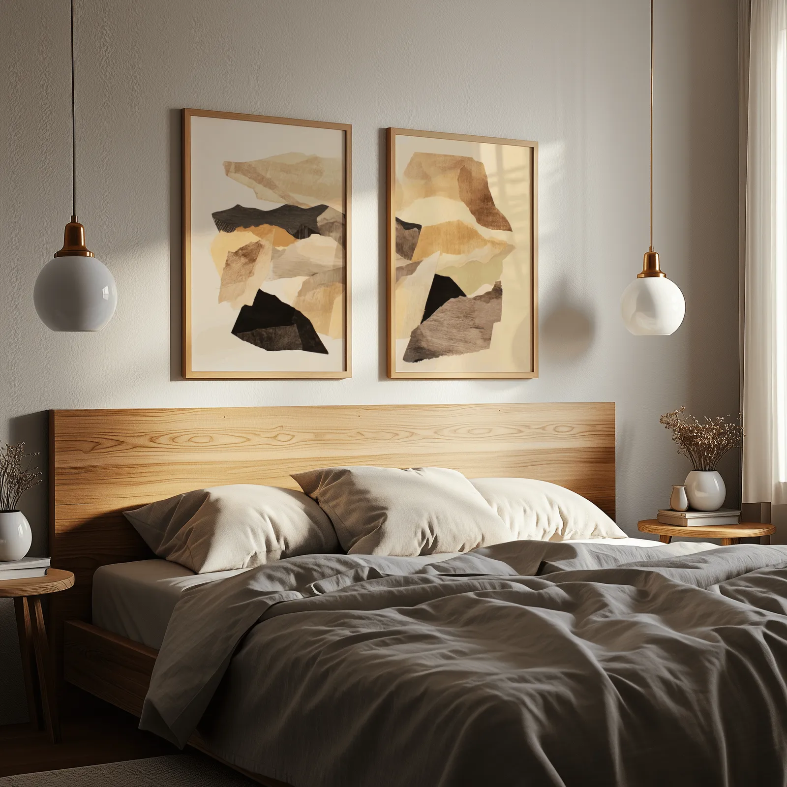 beige abstract wall art set of two, above a wooden headboard flanked by globe pendant lights