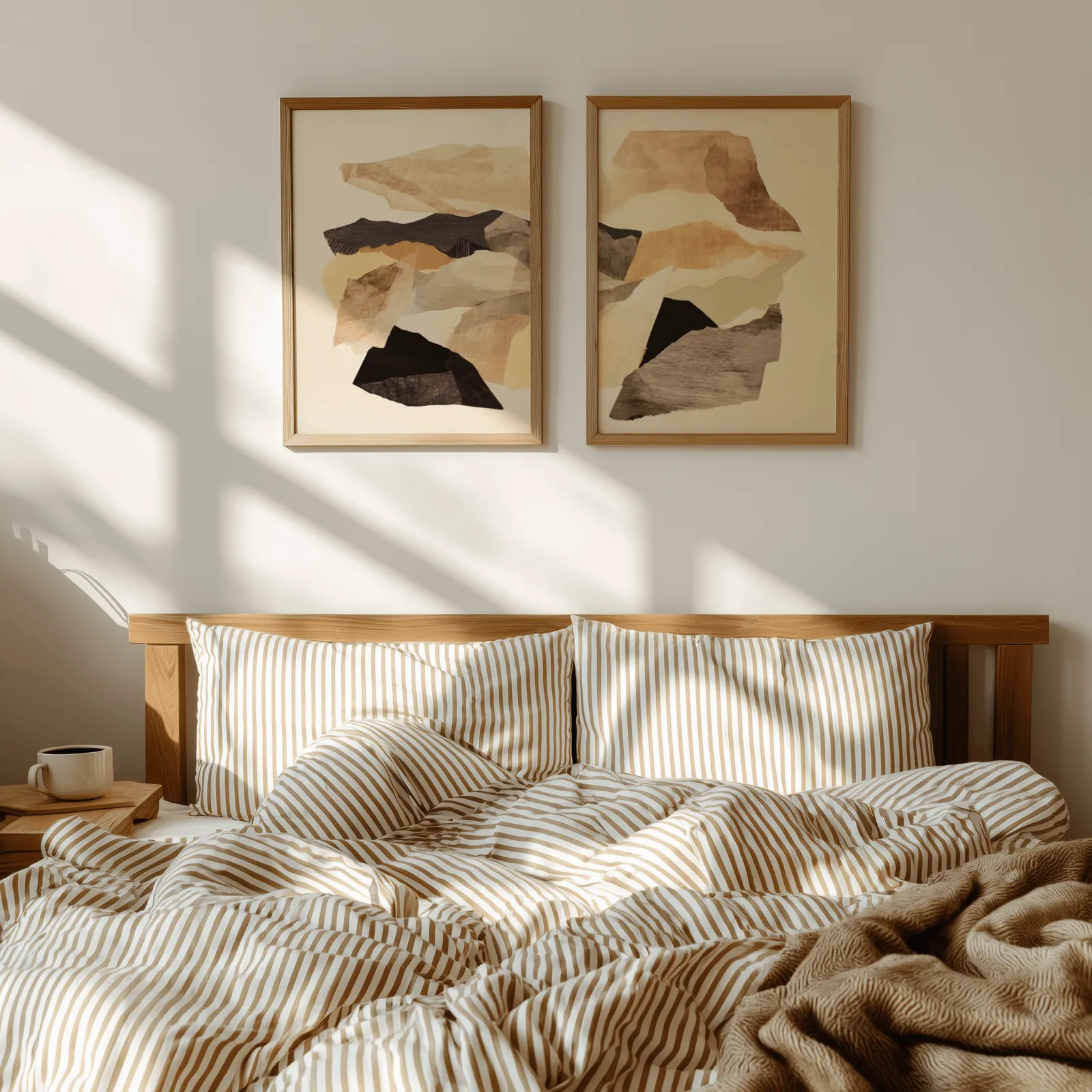 beige abstract wall art set of two, above a wooden headboard with striped bedding and raking sunlight