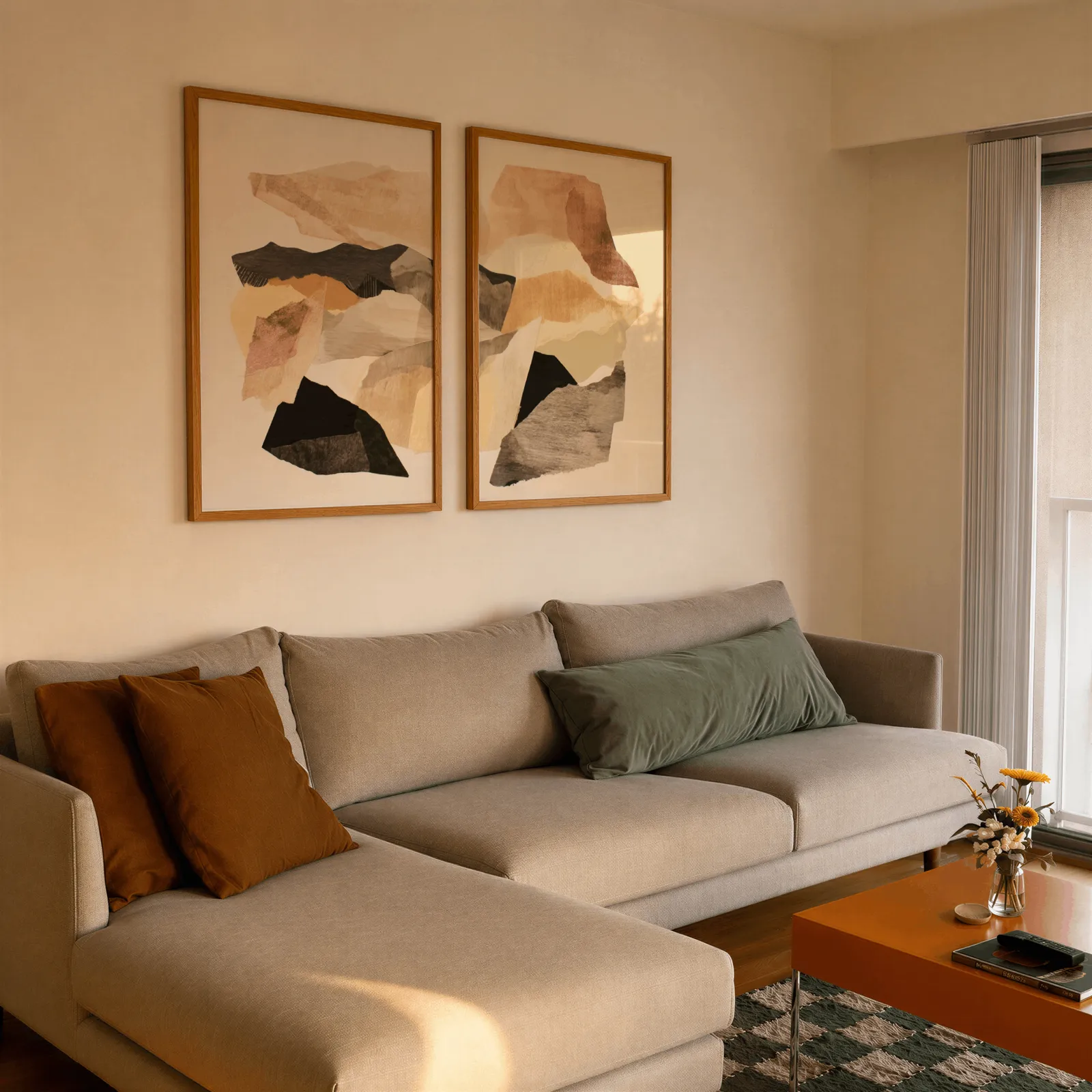 beige abstract wall art set of two, side by side above a beige sectional sofa