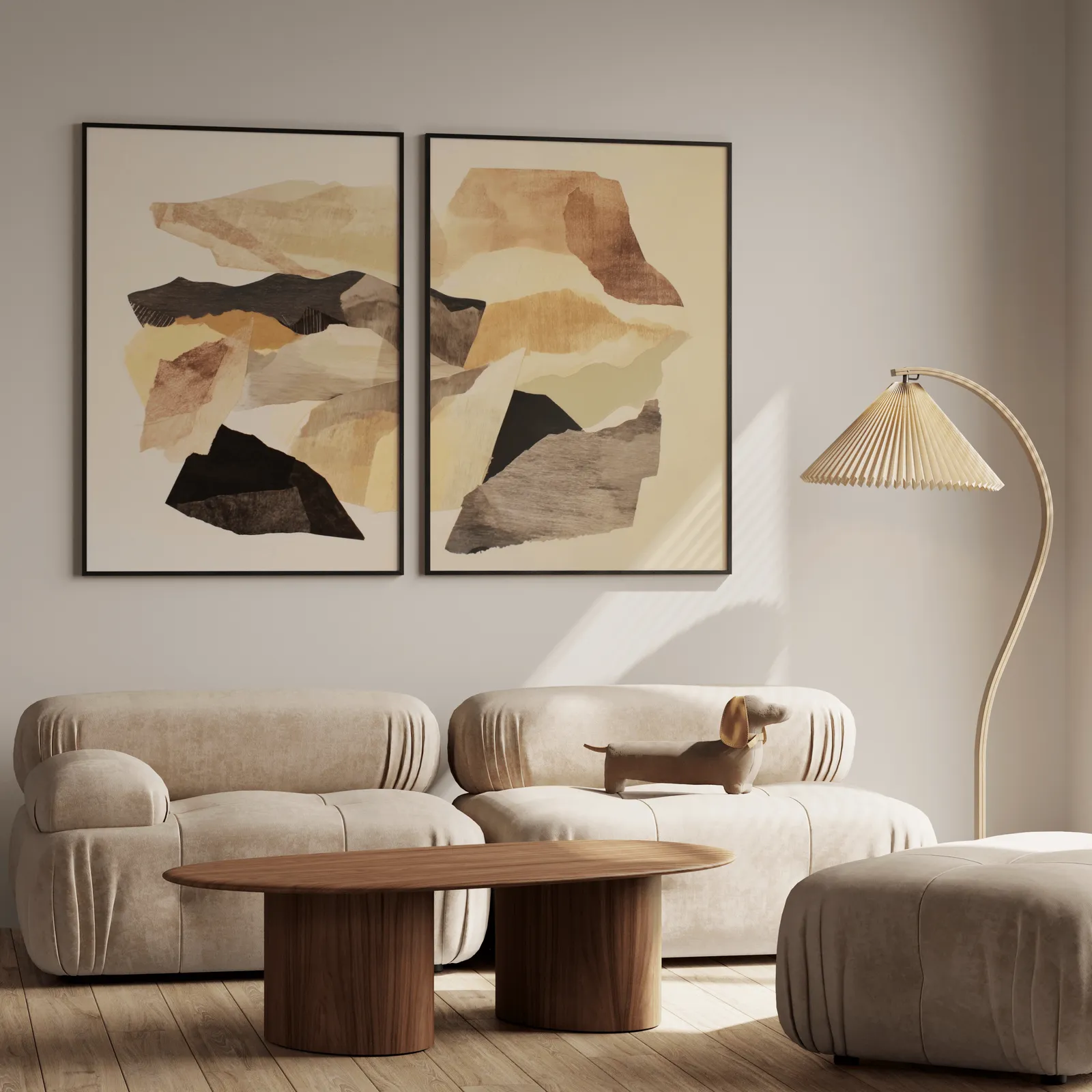 beige abstract wall art set of two, above a plush beige sofa with a pleated lamp nearby