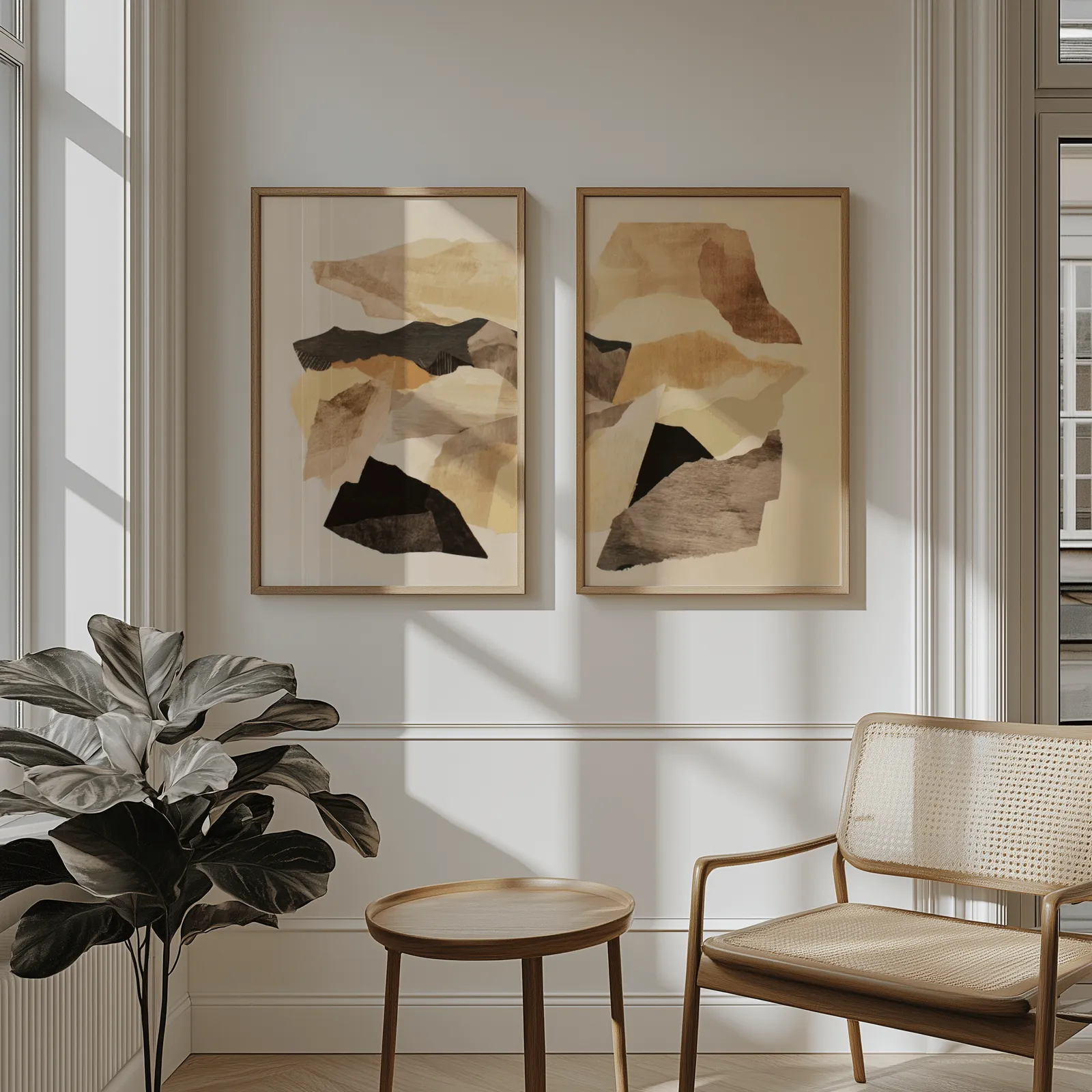 beige abstract wall art set of two, above wainscoting beside a cane armchair and fiddle-leaf fig