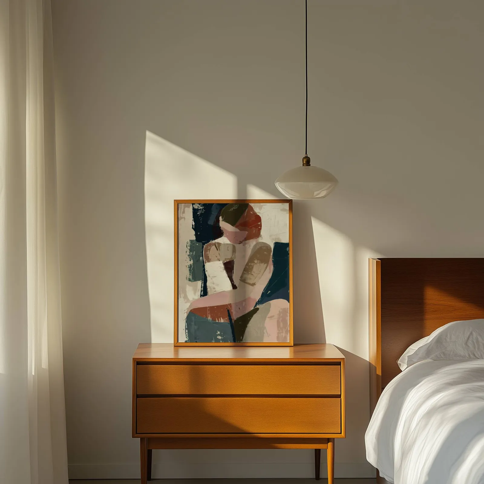 abstract face art in terracotta pink and navy, propped on a wooden dresser beside a pendant lamp