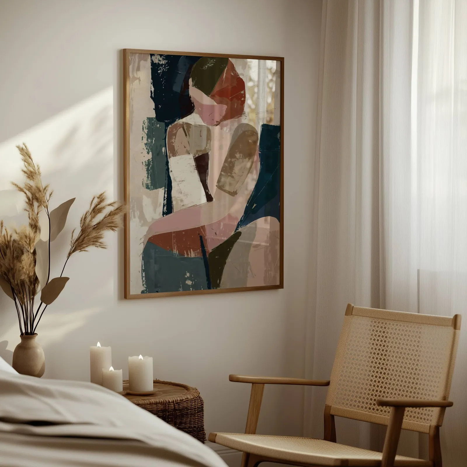 abstract face art in terracotta pink and navy, above a woven side table with lit candles and pampas grass