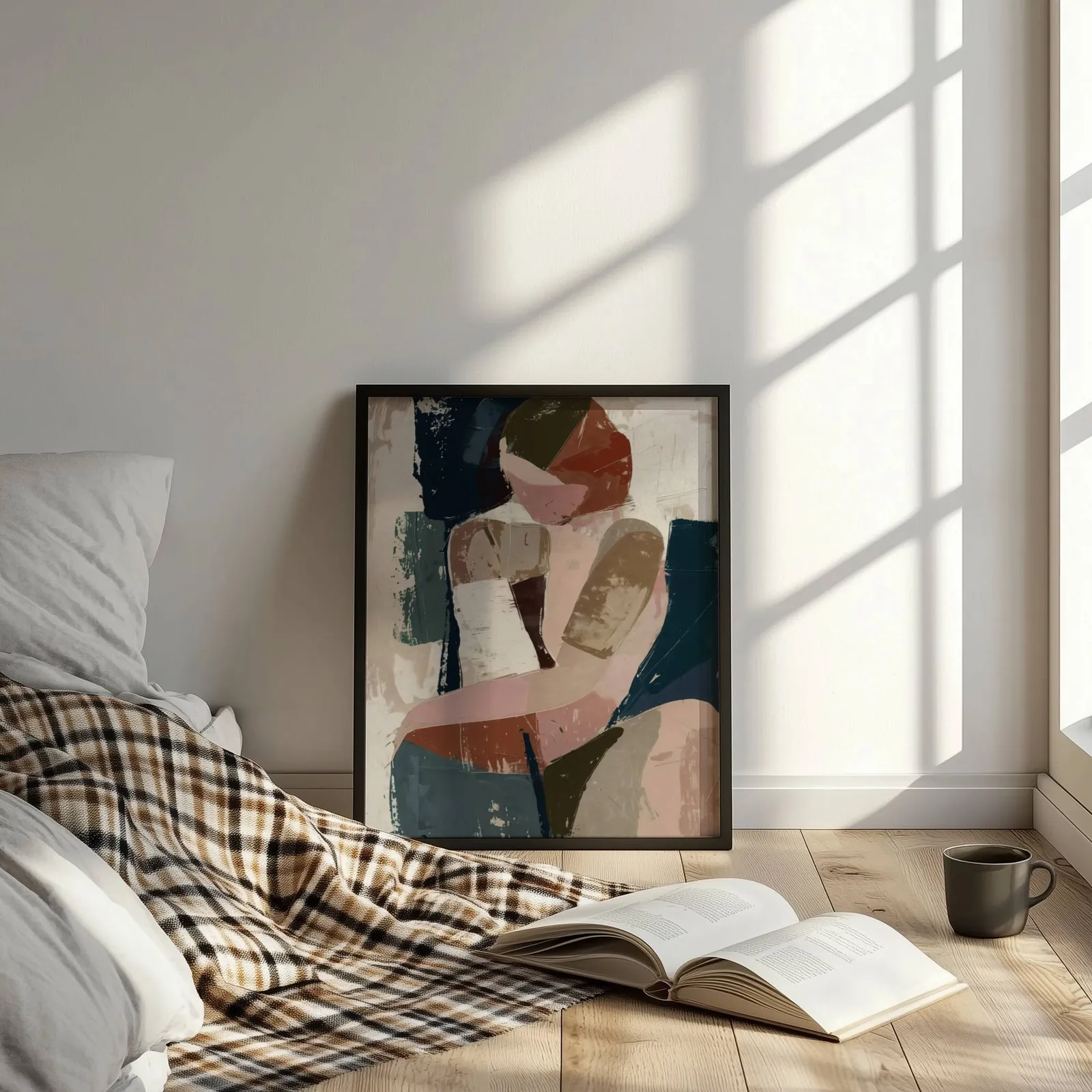 abstract face art in terracotta pink and navy, leaning on the floor beside a plaid throw and open book
