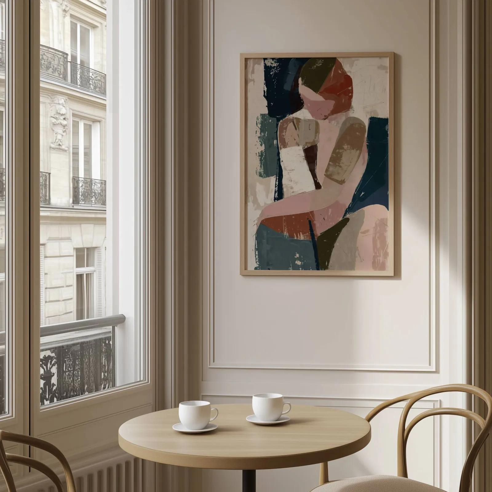 abstract face art in terracotta pink and navy, above a round café table set with two coffee cups