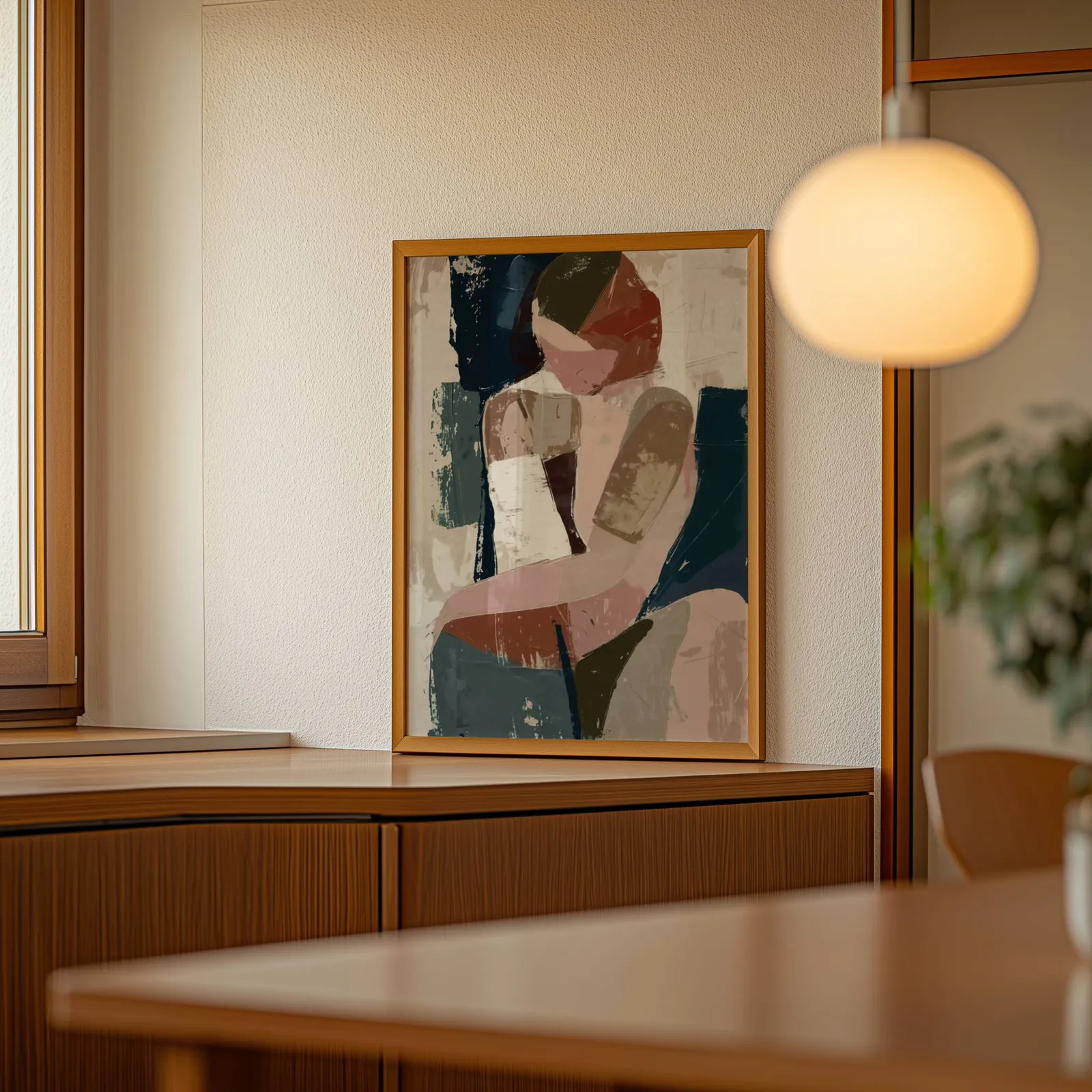 abstract face art in terracotta pink and navy, leaning on a wooden sideboard beside a glowing globe pendant