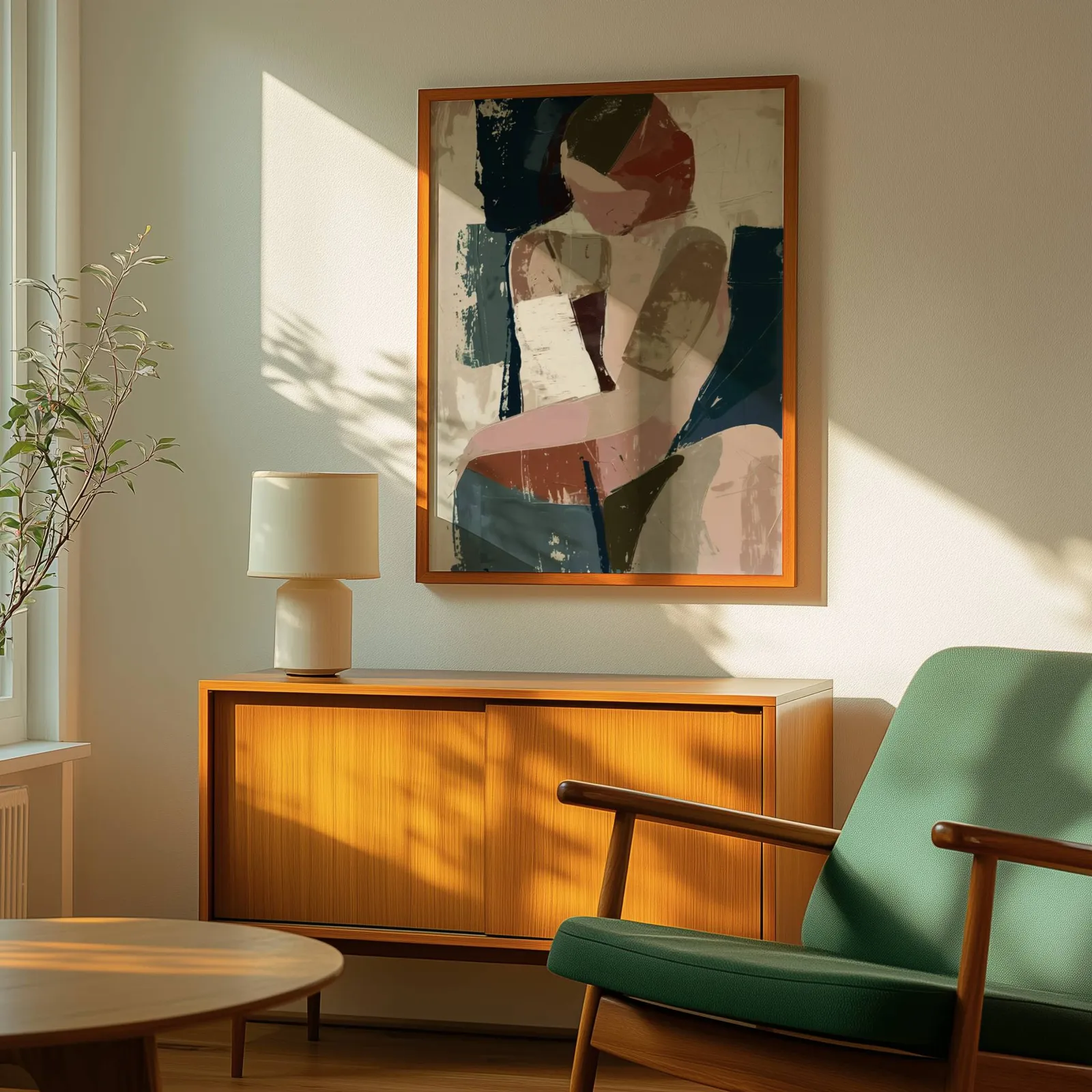 abstract face art in terracotta pink and navy, above a wooden sideboard with a ceramic lamp and dappled sunlight