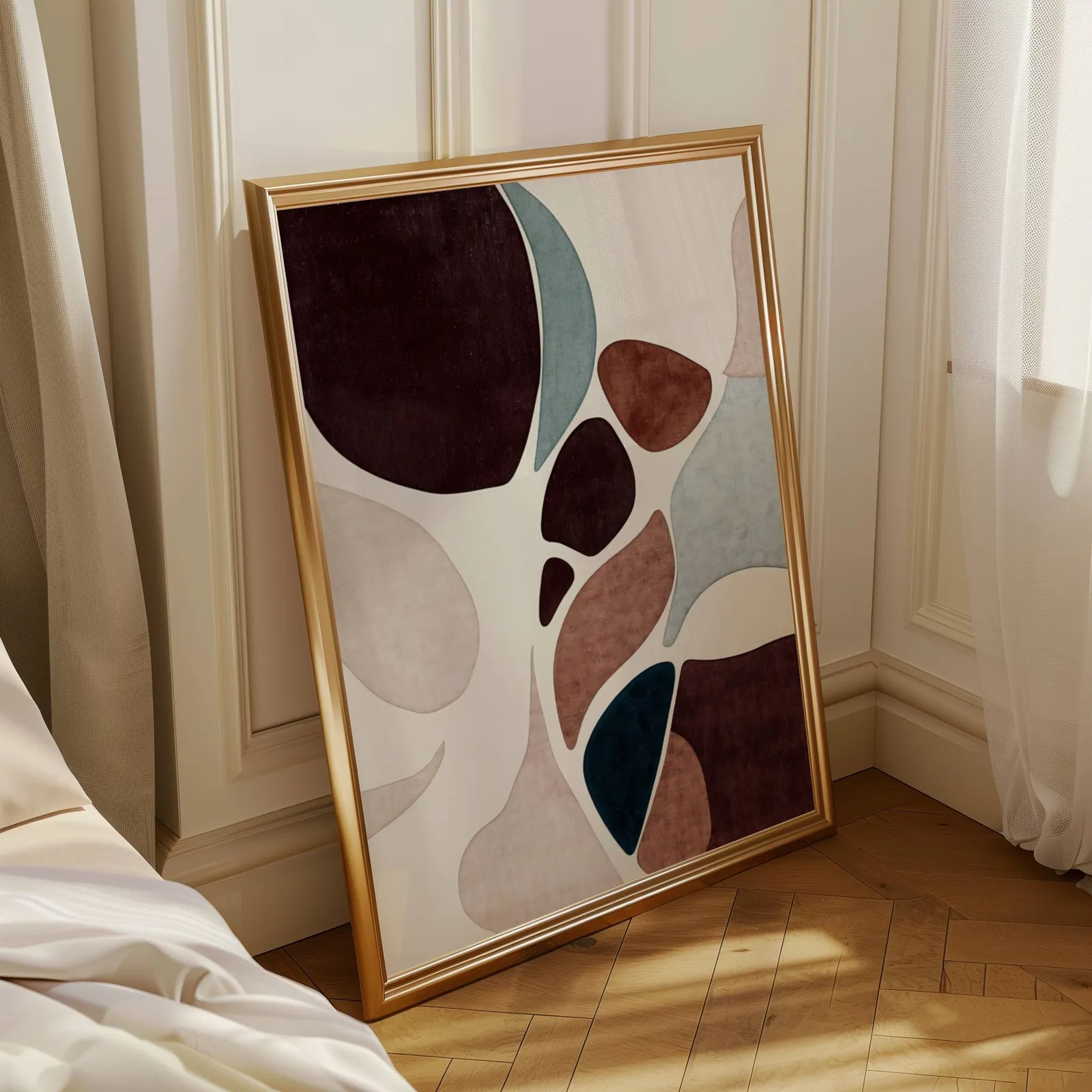 burgundy terracotta abstract organic shapes wall art, leaning in a sunlit corner beside sheer curtains and herringbone floor