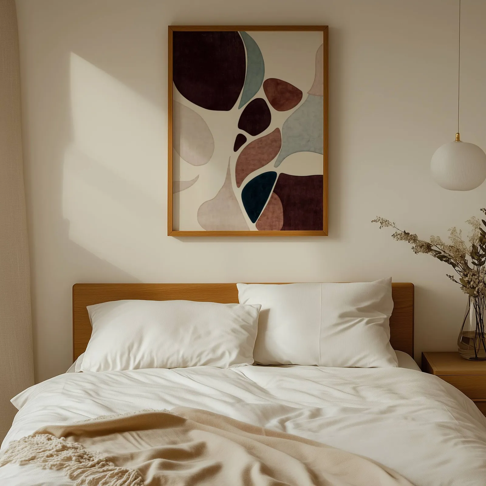 burgundy terracotta abstract organic shapes wall art, above a wooden headboard with white linen pillows