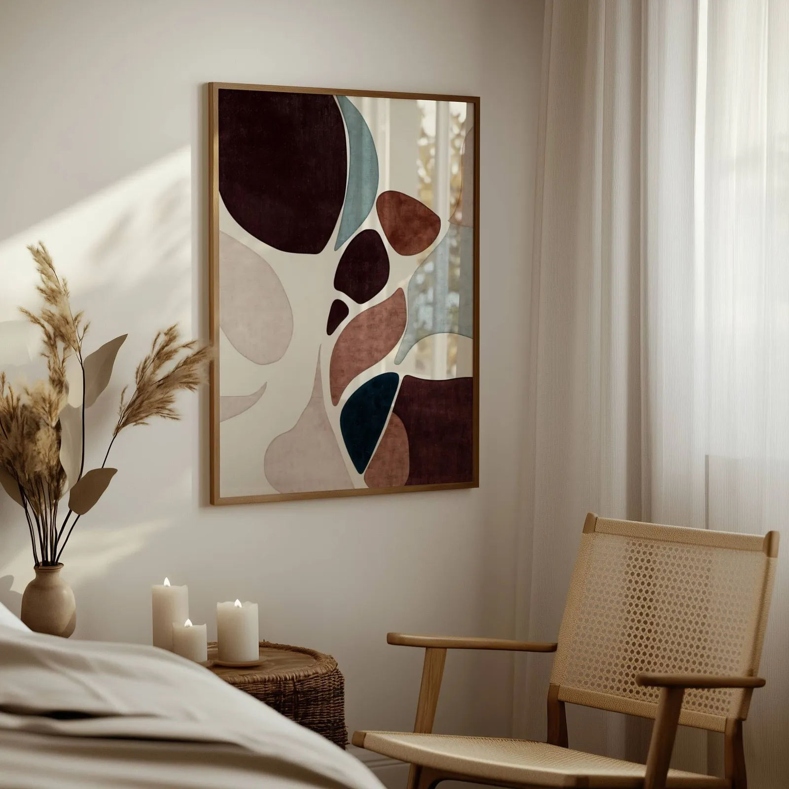 burgundy terracotta abstract organic shapes wall art, above a woven side table with lit candles and pampas grass