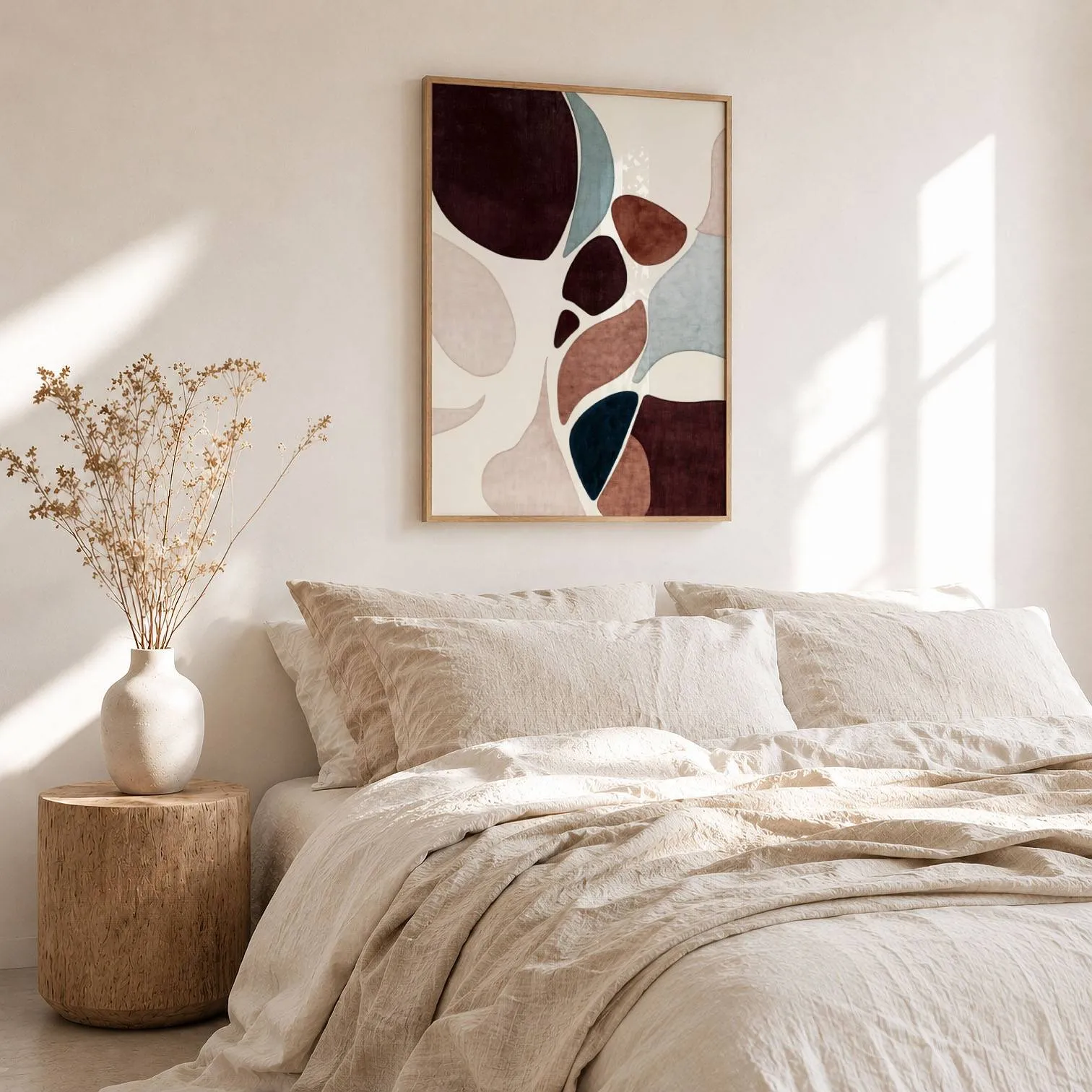burgundy terracotta abstract organic shapes wall art, above a rumpled linen bed beside a stump side table