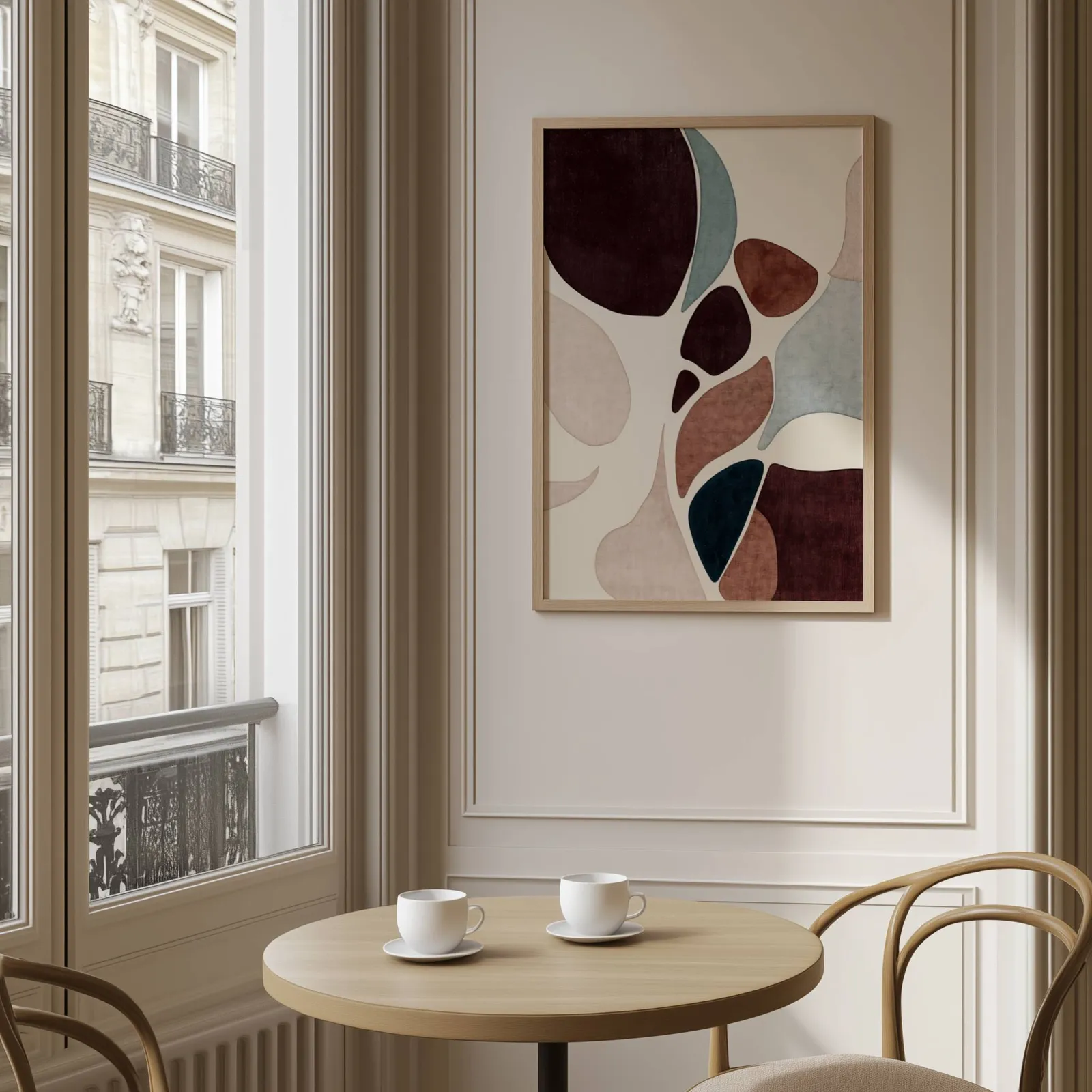 burgundy terracotta abstract organic shapes wall art, above a round café table set with two coffee cups