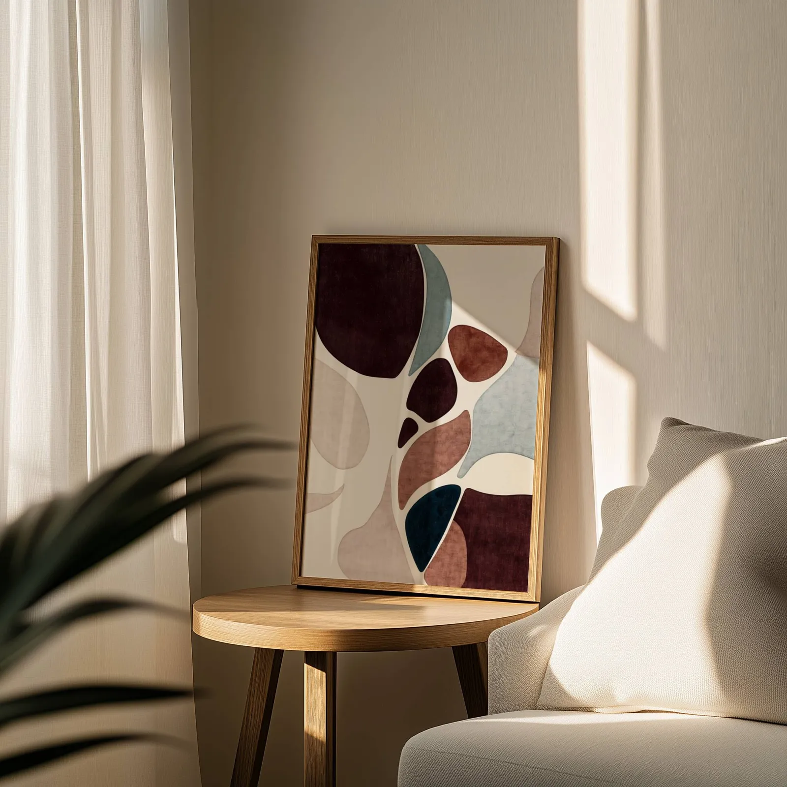 burgundy terracotta abstract organic shapes wall art, leaning on a round wooden side table by a sheer curtain