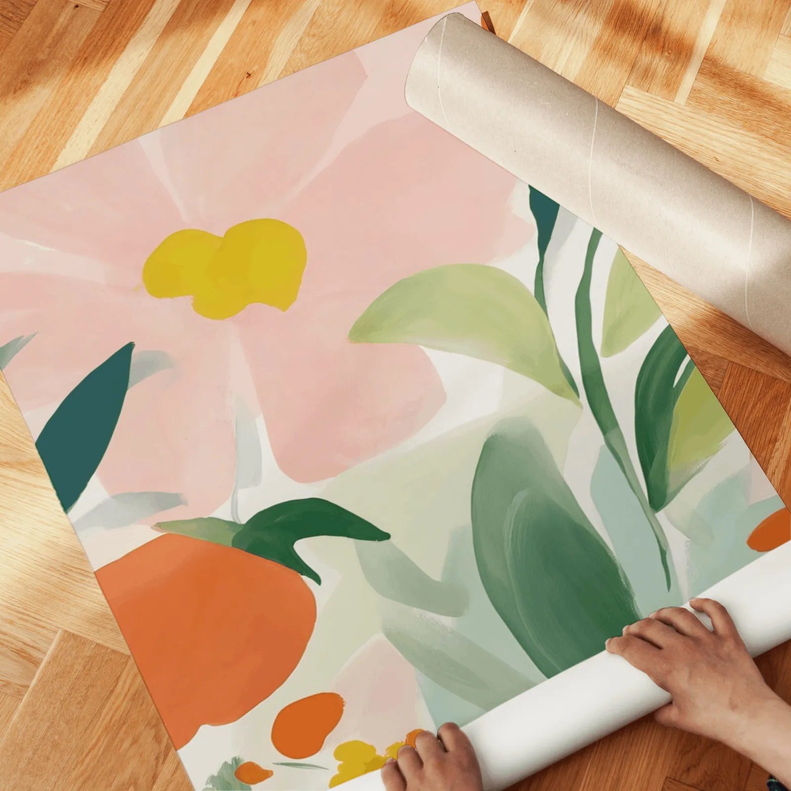 colorful floral botanical wall art set of 3, unrolled across a herringbone wood floor by hand