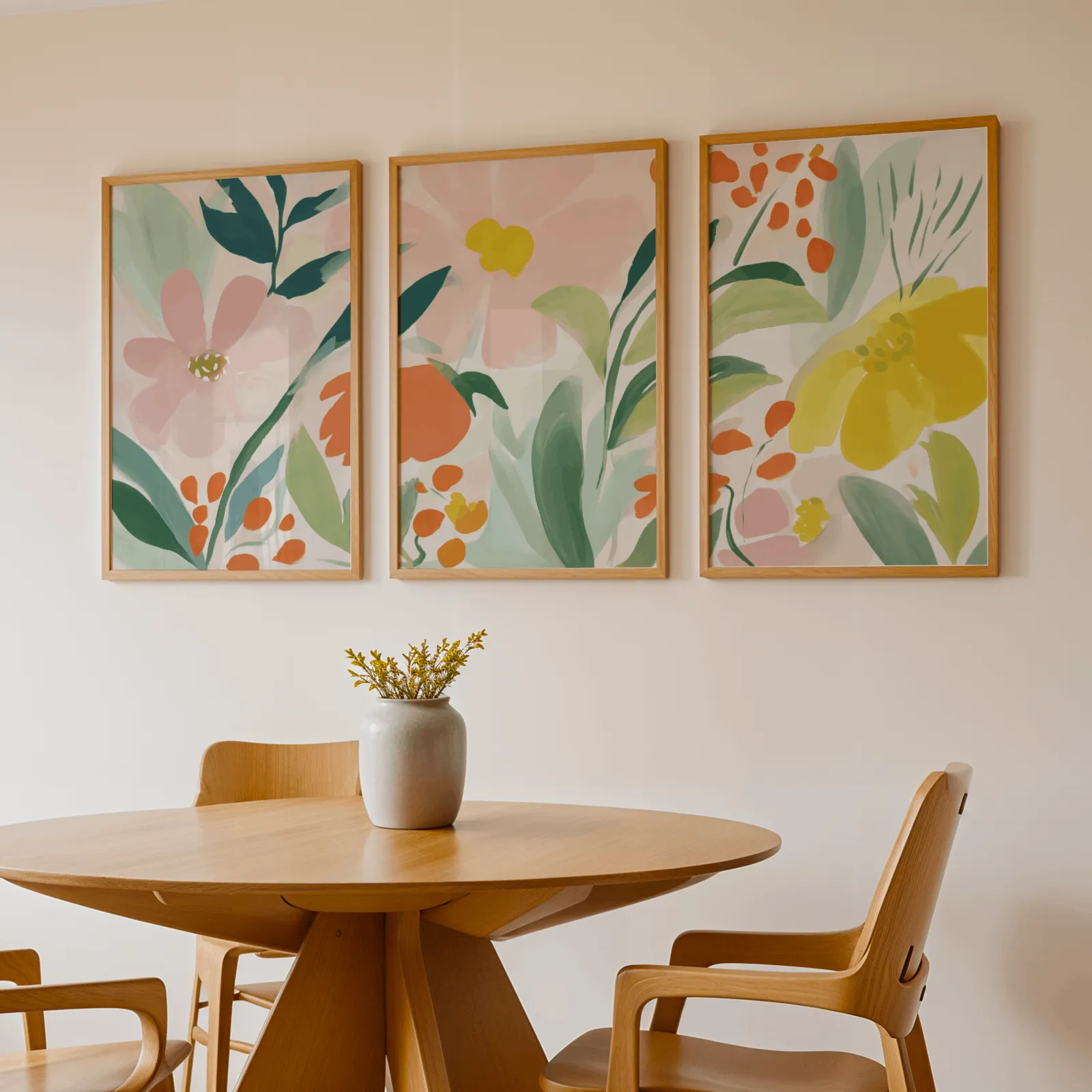 colorful floral botanical wall art set of 3, above a round wooden table with a stoneware vase