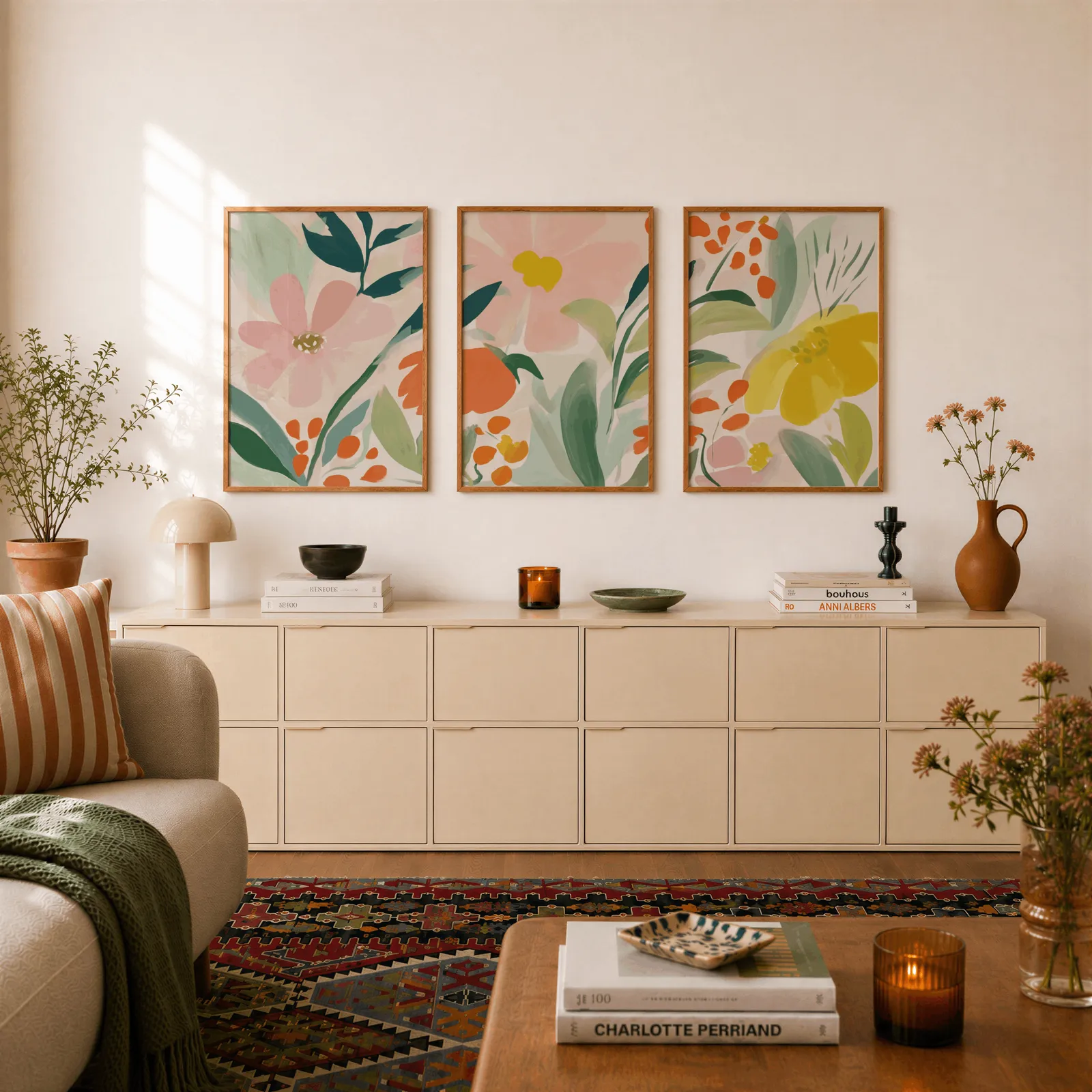 colorful floral botanical wall art set of 3, above a long cream sideboard topped with books and a terracotta jug