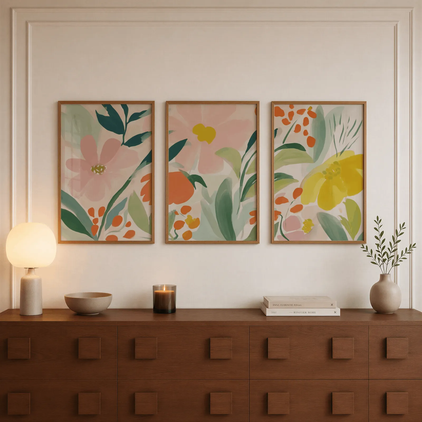 colorful floral botanical wall art set of 3, above a walnut sideboard with a lit candle and glowing lamp