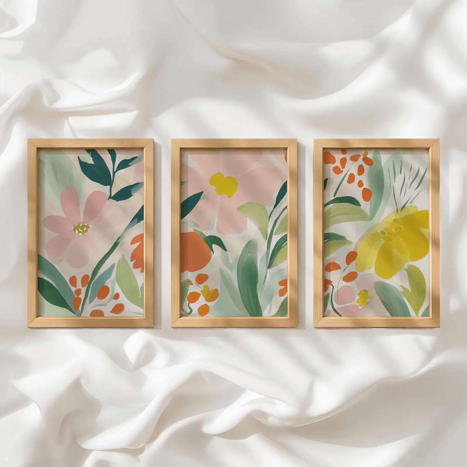 colorful floral botanical wall art set of 3, in a row atop rumpled white silky fabric