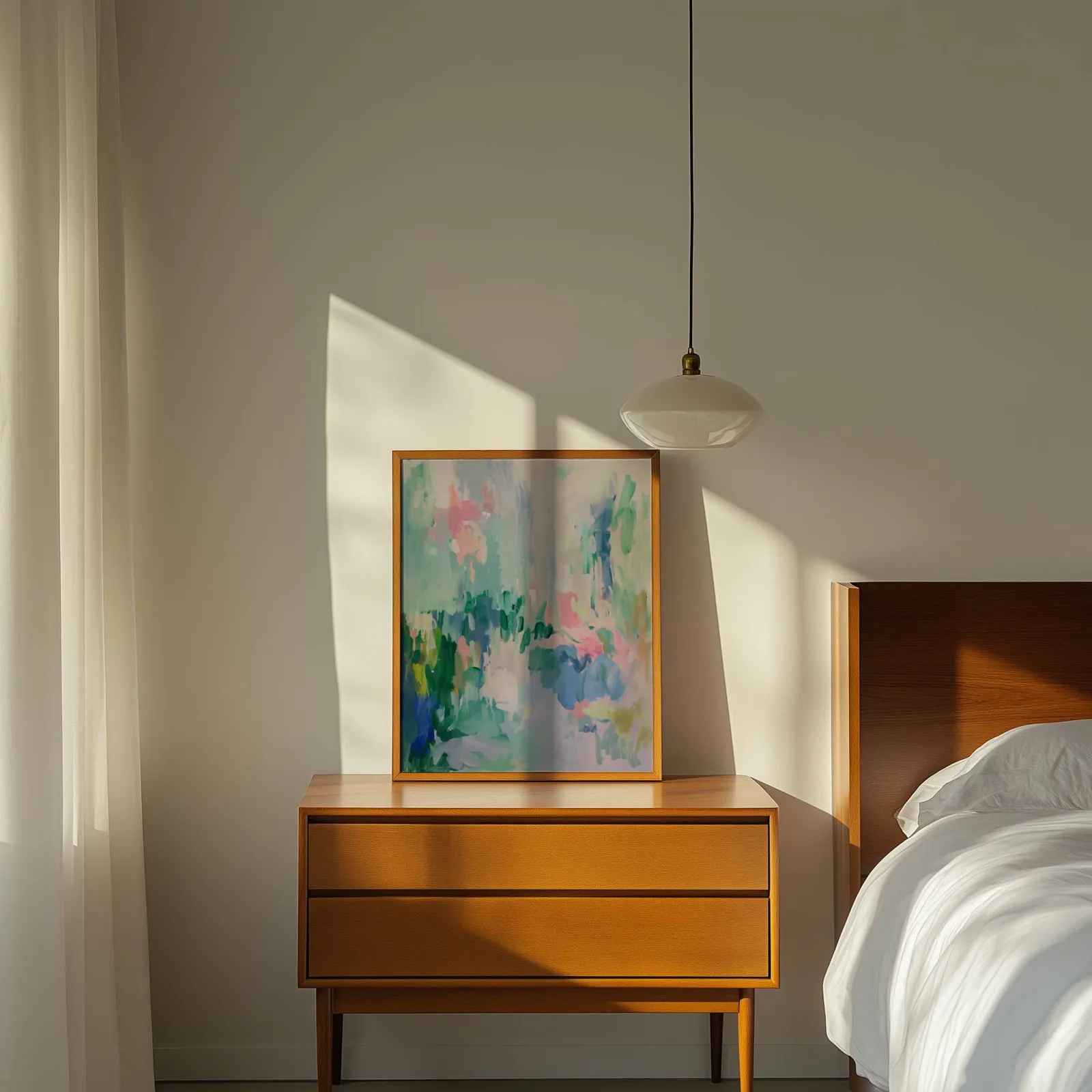 colorful abstract floral wall art in green and pink, propped on a wooden dresser beside a pendant lamp