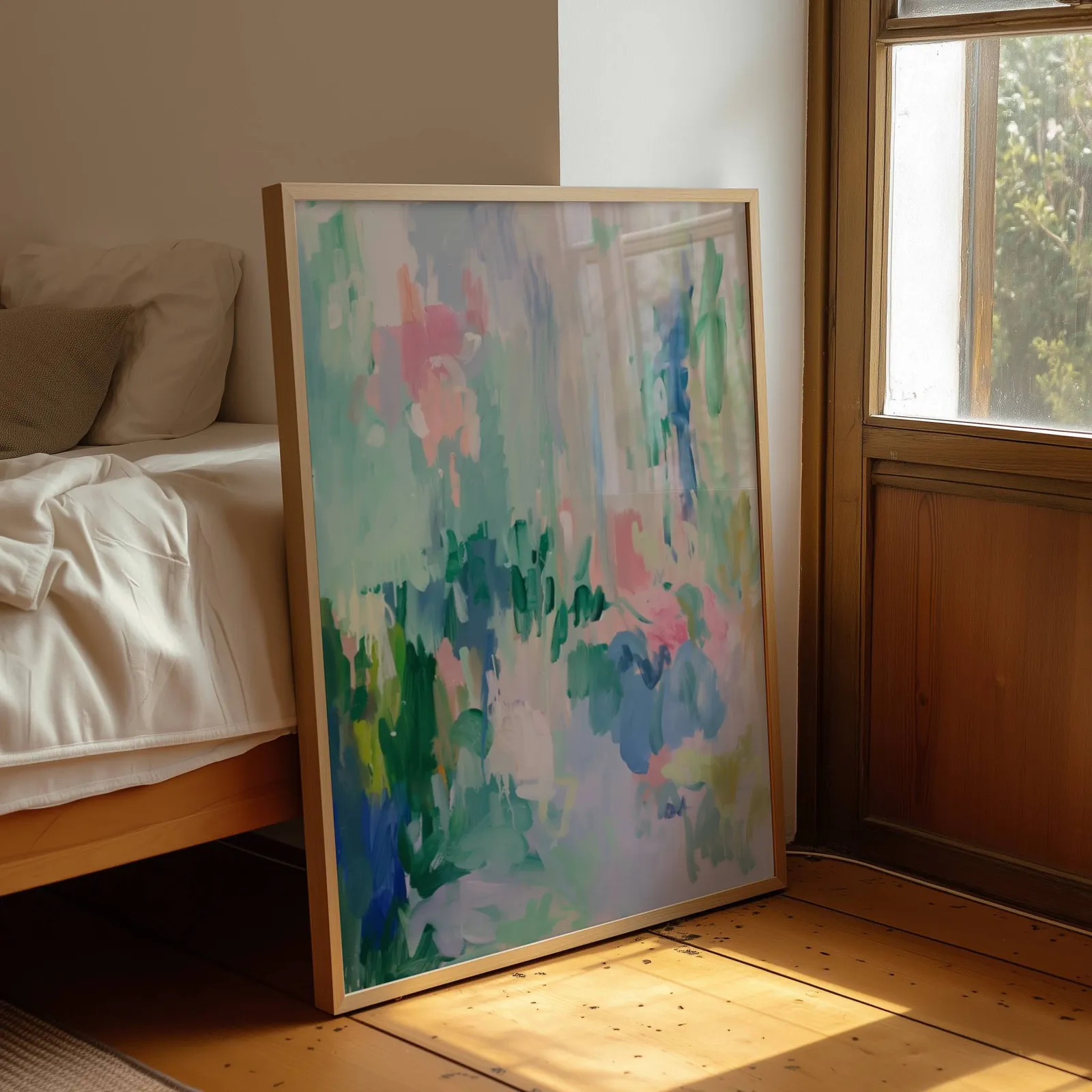 colorful abstract floral wall art in green and pink, leaning by a sunlit window beside an unmade bed