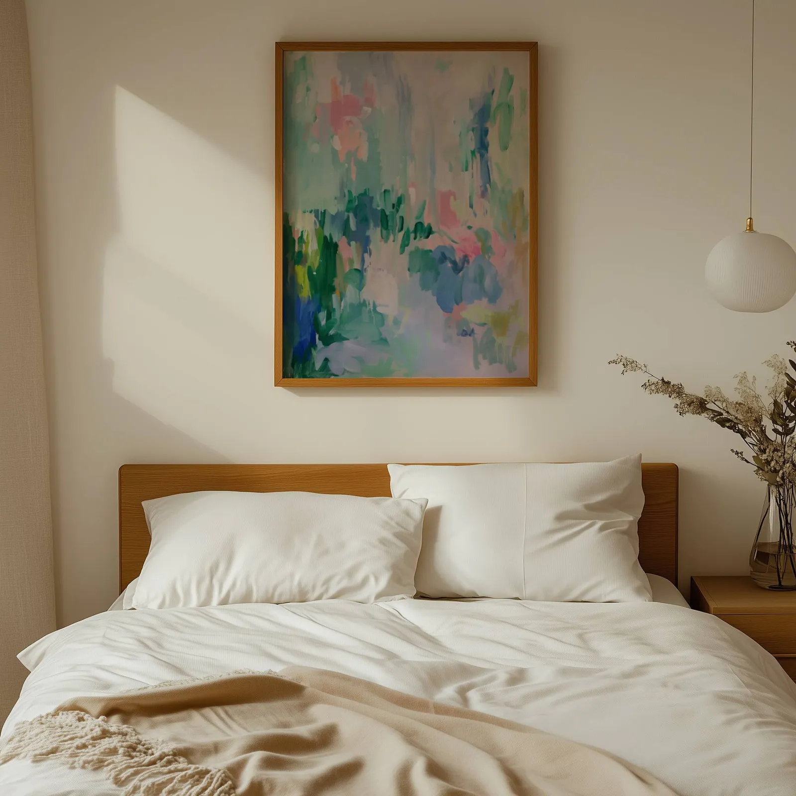 colorful abstract floral wall art in green and pink, above a wooden headboard with white linen pillows