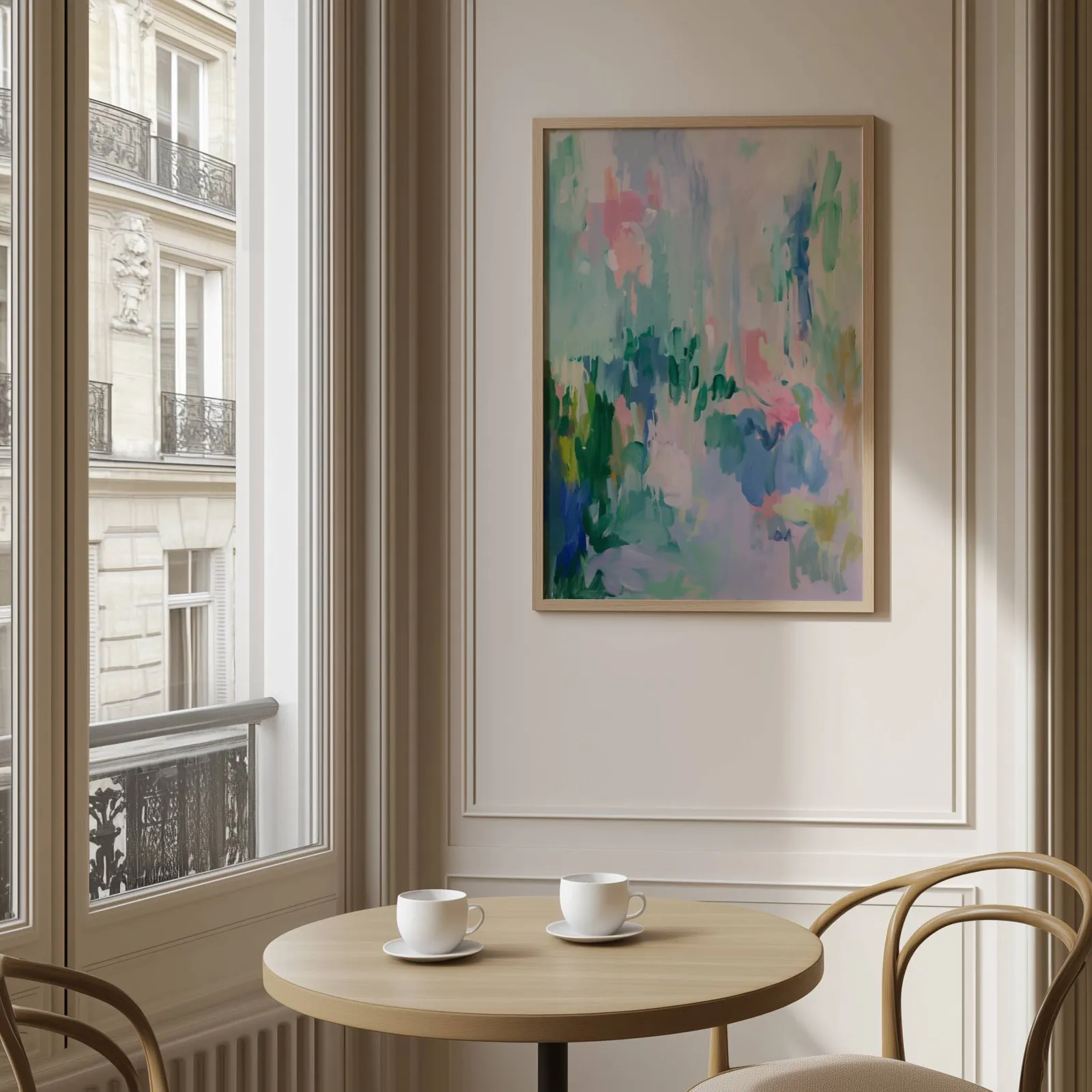 colorful abstract floral wall art in green and pink, above a round café table set with two coffee cups